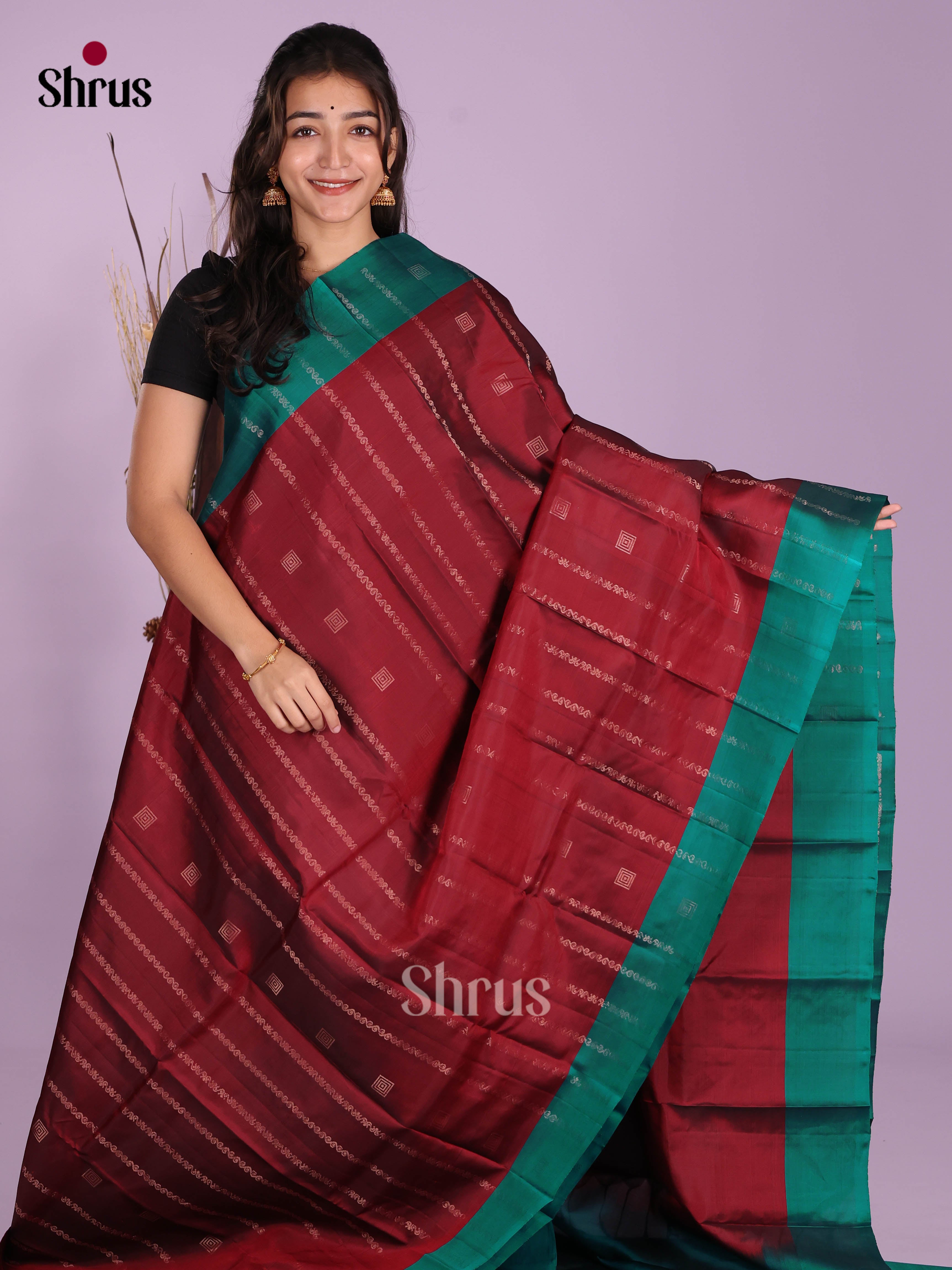 Maroon & Green- Softsilk-halfpure Saree
