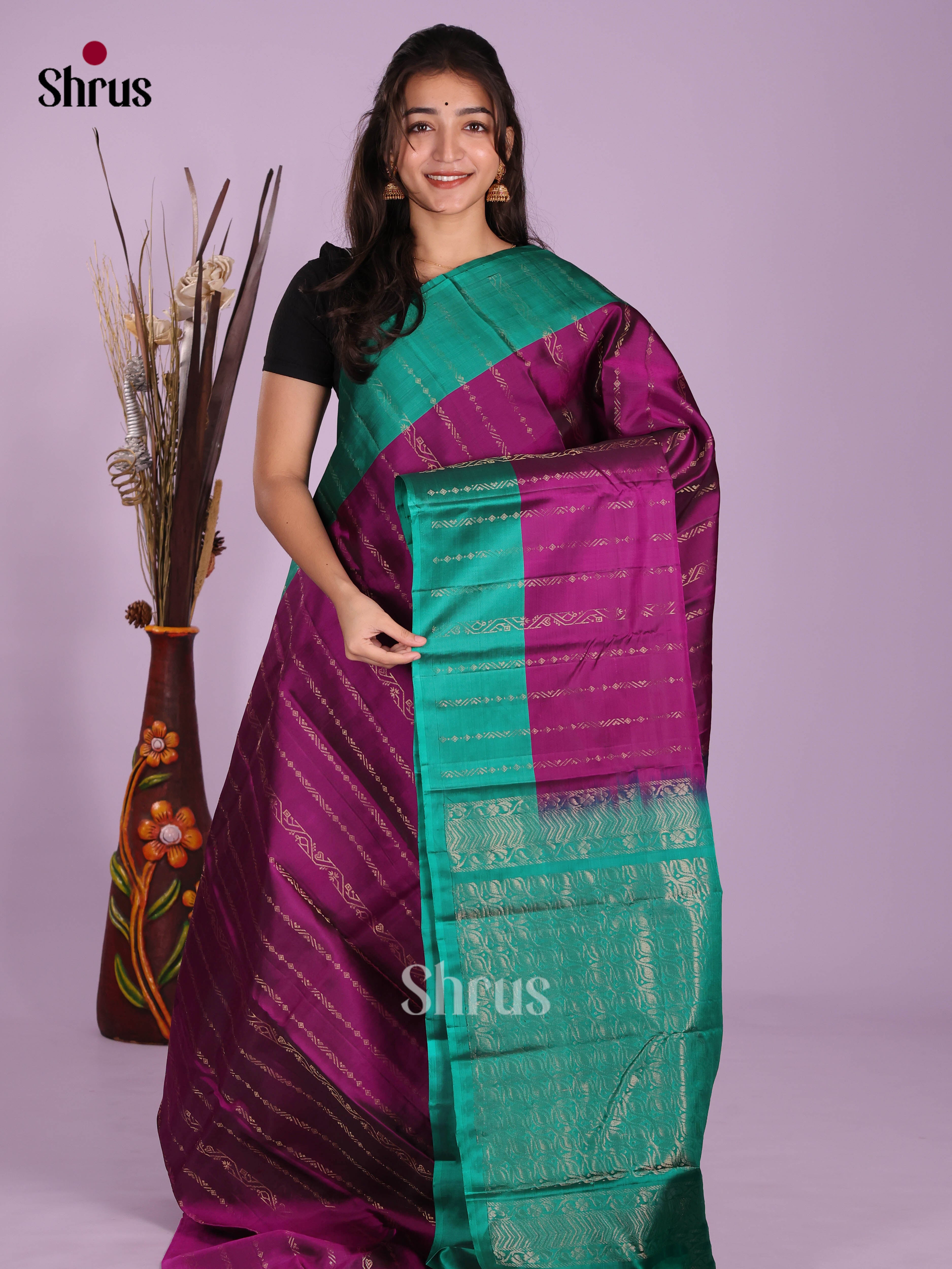 Violet & Green - Softsilk-halfpure Saree