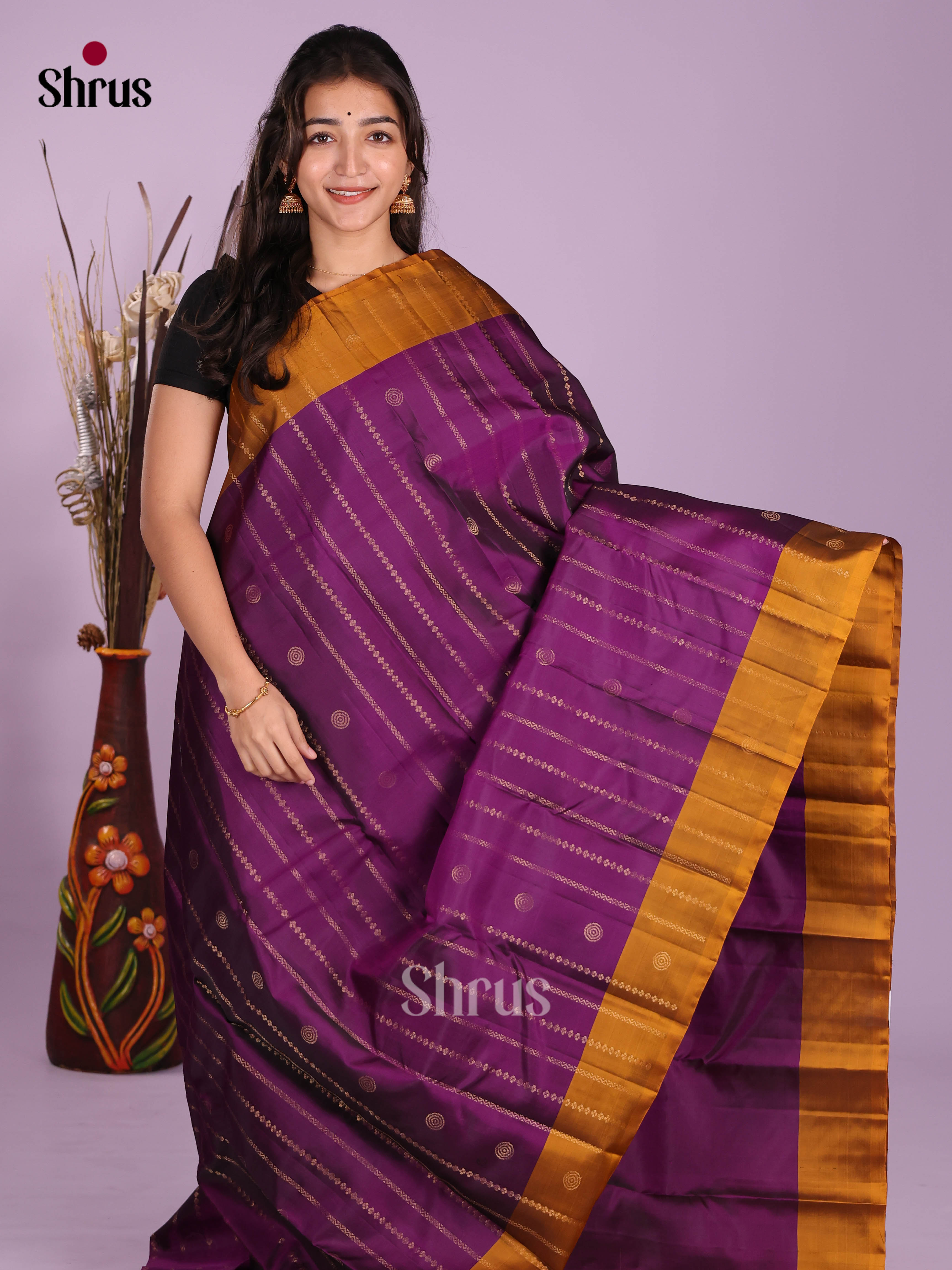 Violet & Mustard- Softsilk-halfpure Saree - Shop on Shrus.com