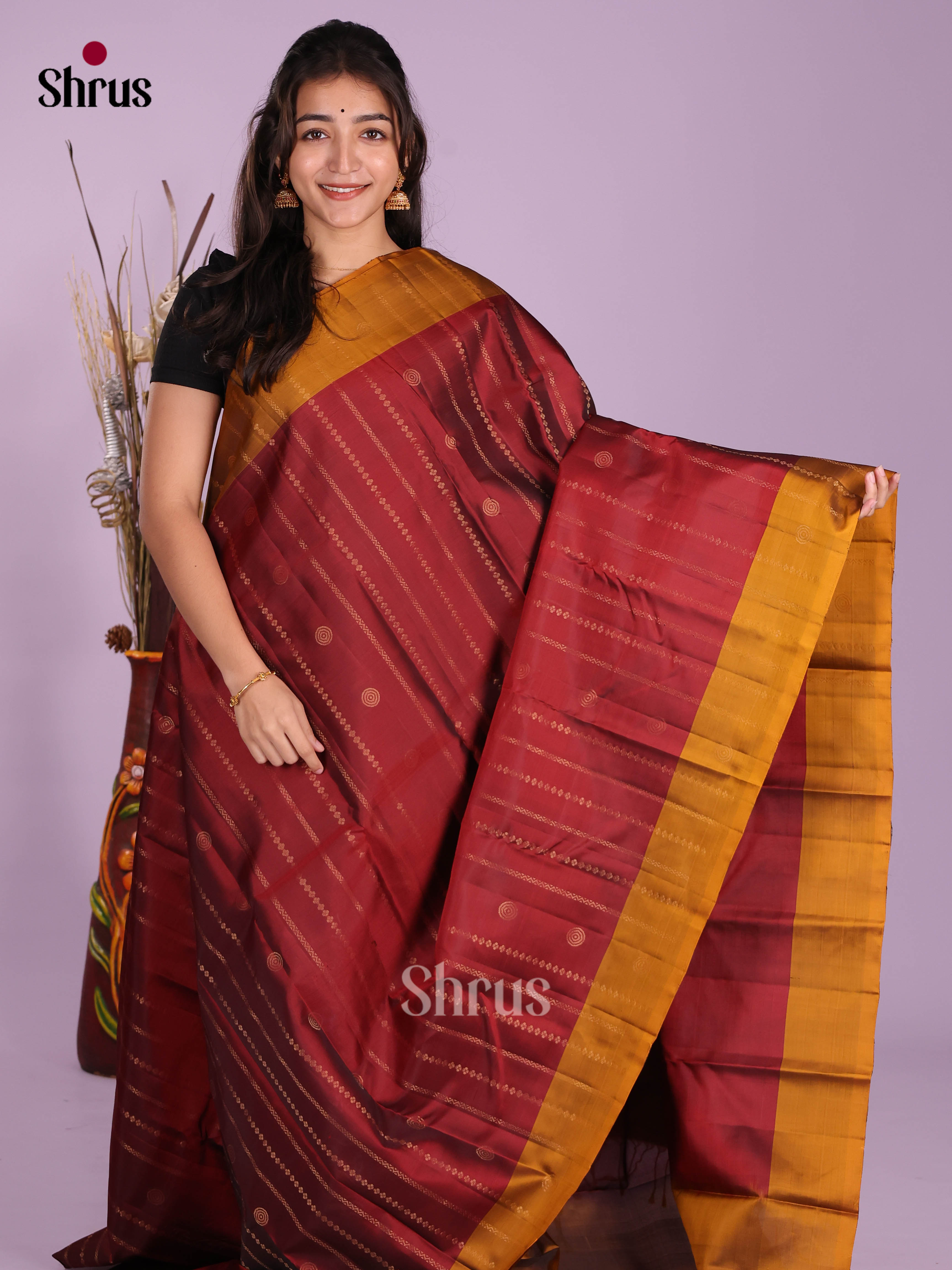 Maroon & Mustard- Softsilk-halfpure Saree