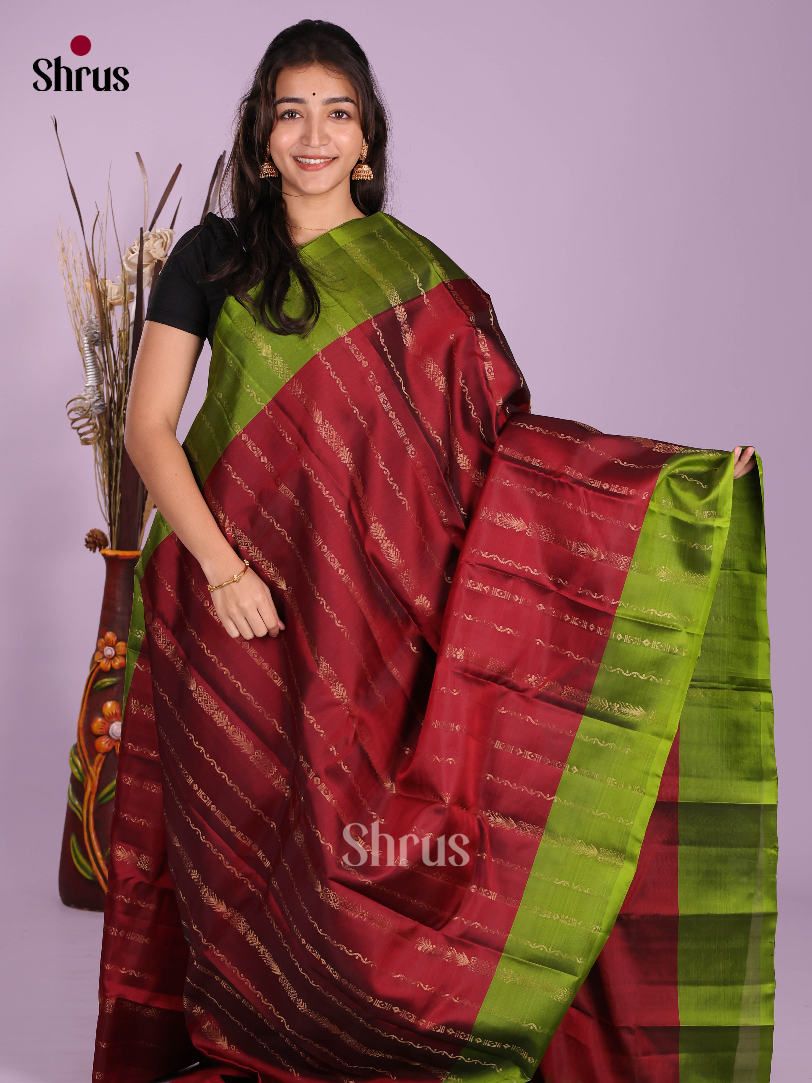 Maroon & Green - Softsilk-halfpure Saree