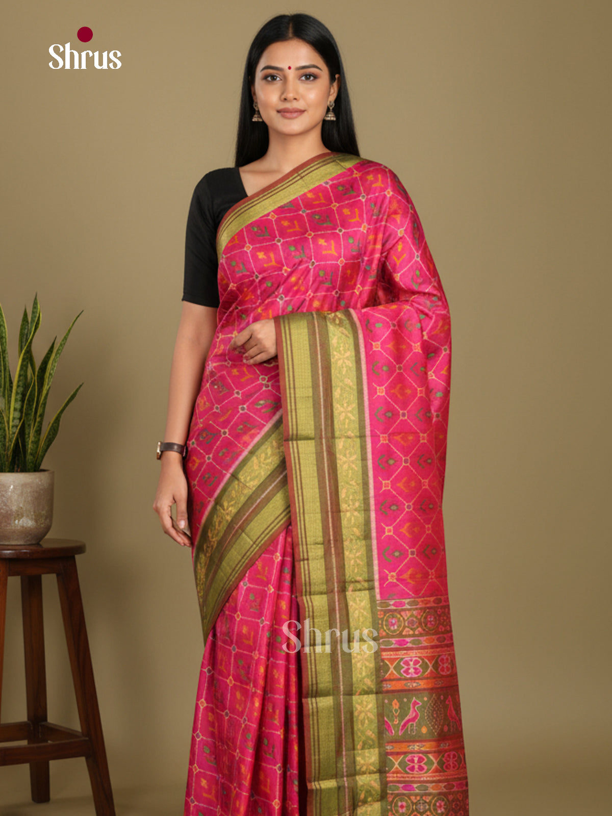 Pink & Green - Semi Patola Saree