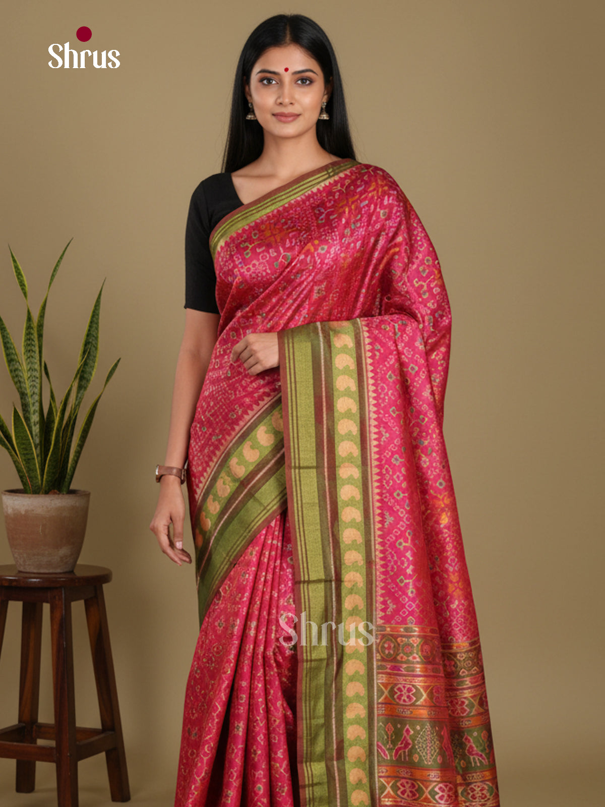 Pink & Green - Semi Patola Saree
