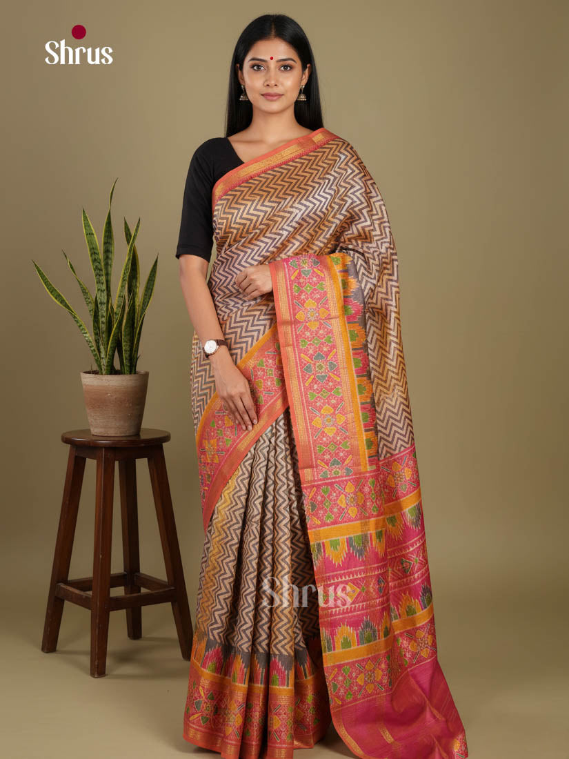 Brown & Orangish Pink - Semi Patola Saree