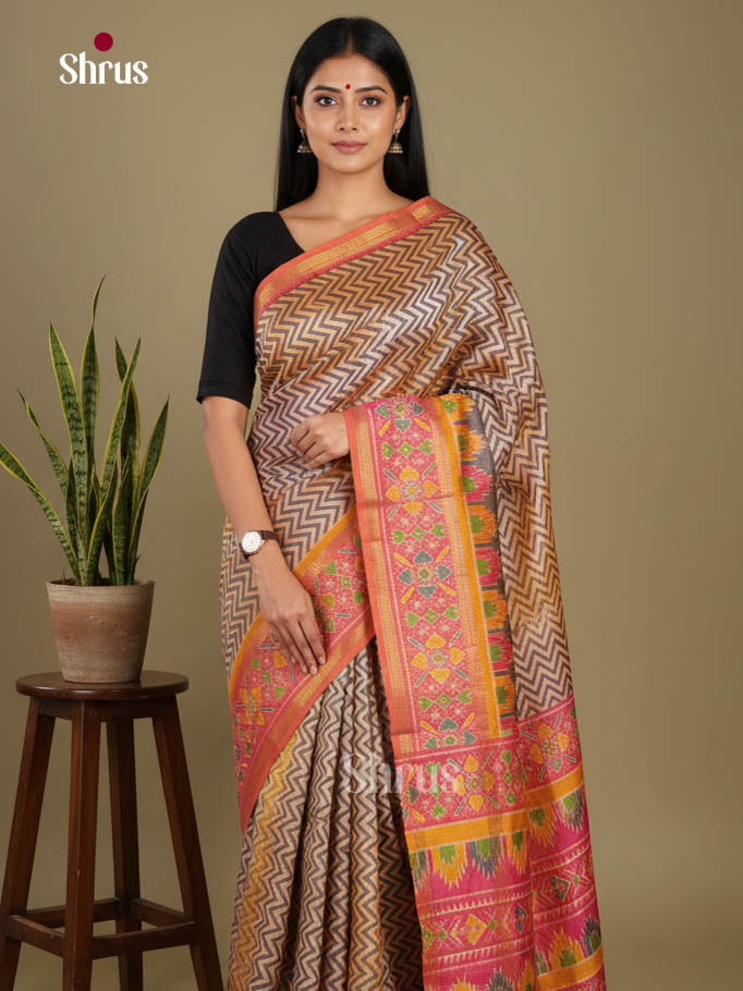 Brown & Orangish Pink - Semi Patola Saree