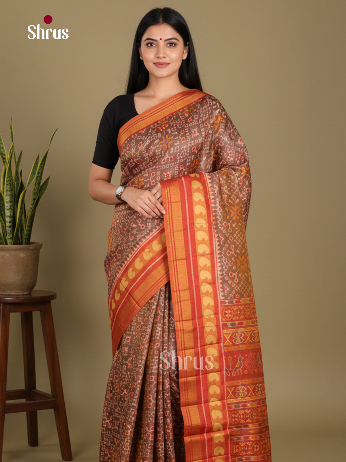 Brown & Orange - Semi Patola Saree