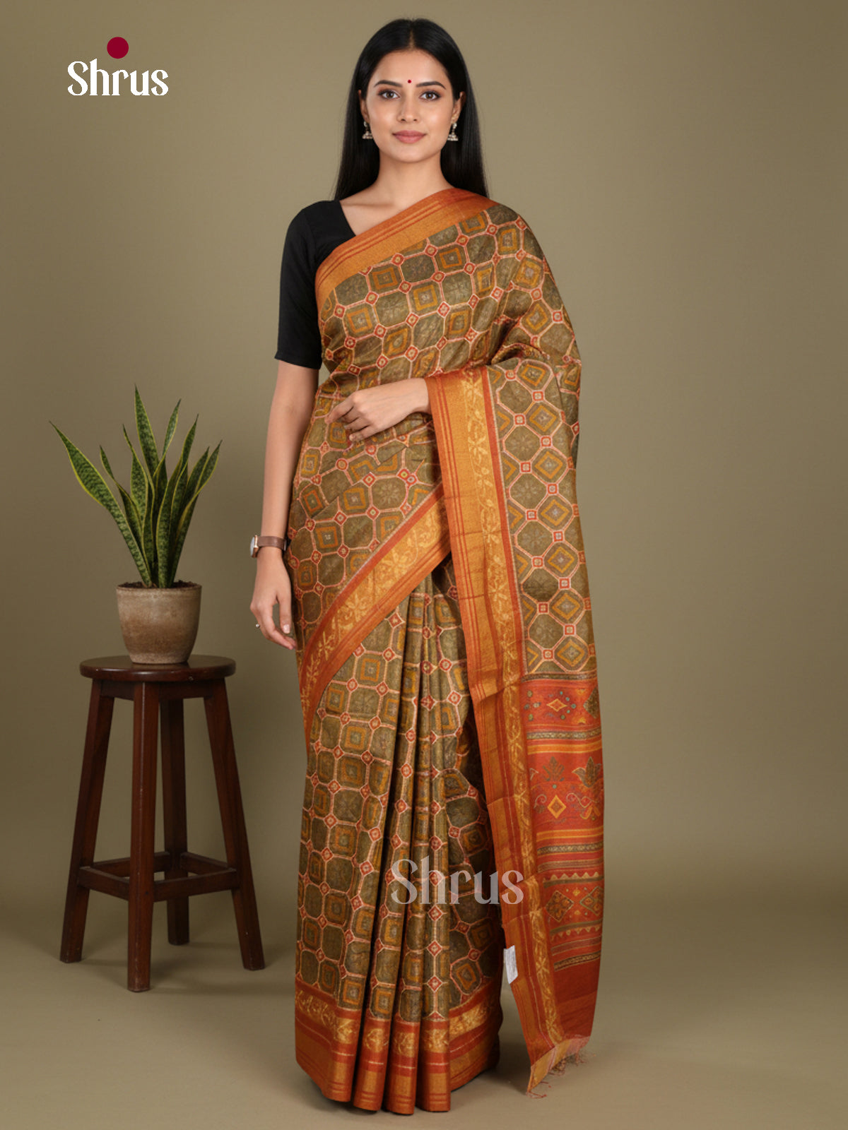 Army Green & Brick - Semi Patola Saree