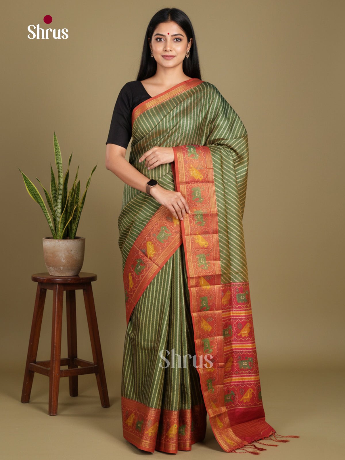 Green & Orange - Semi Patola Saree