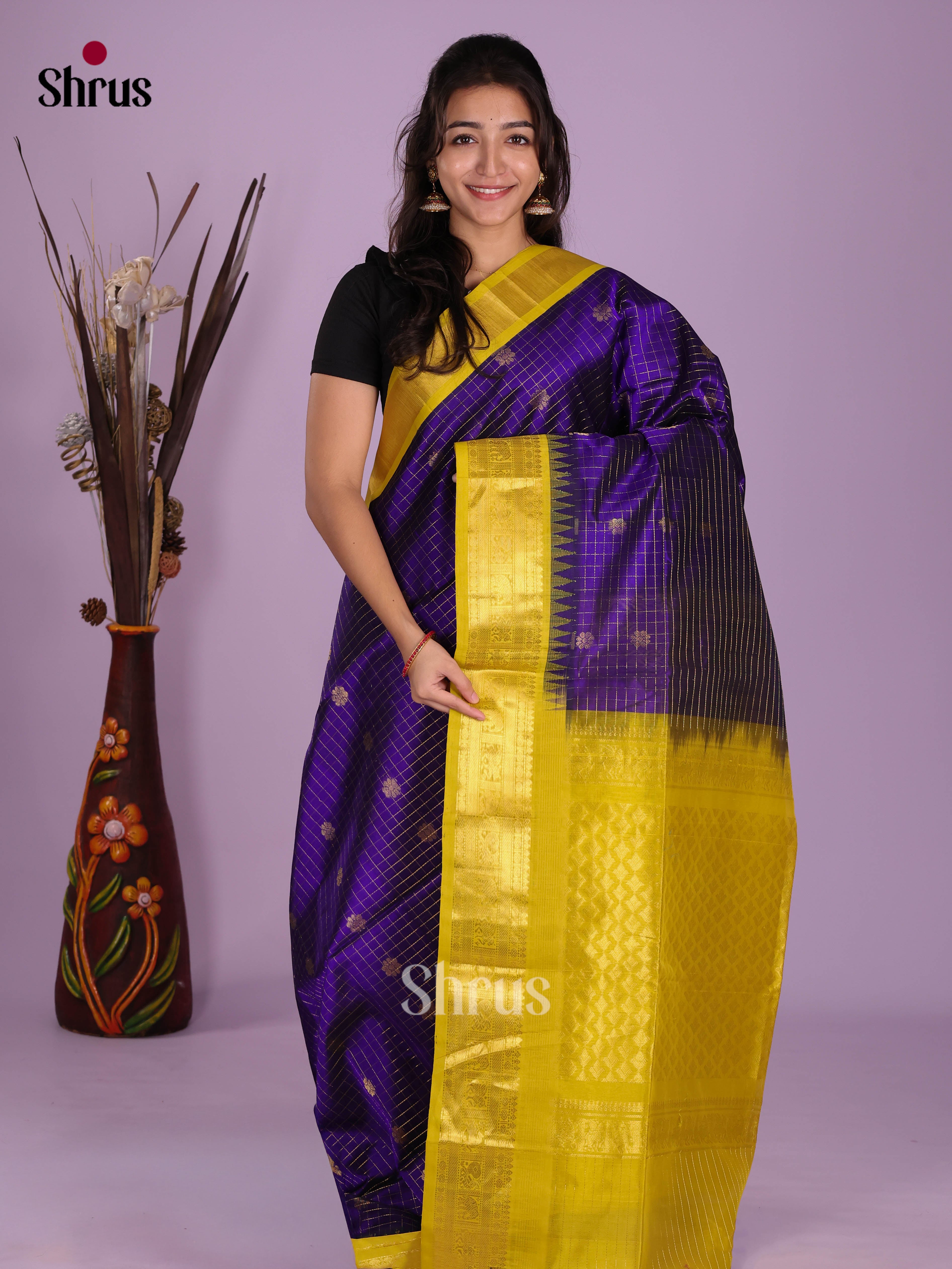 Violet & Yellow - Silk Cotton Saree - Shop on Shrus.com