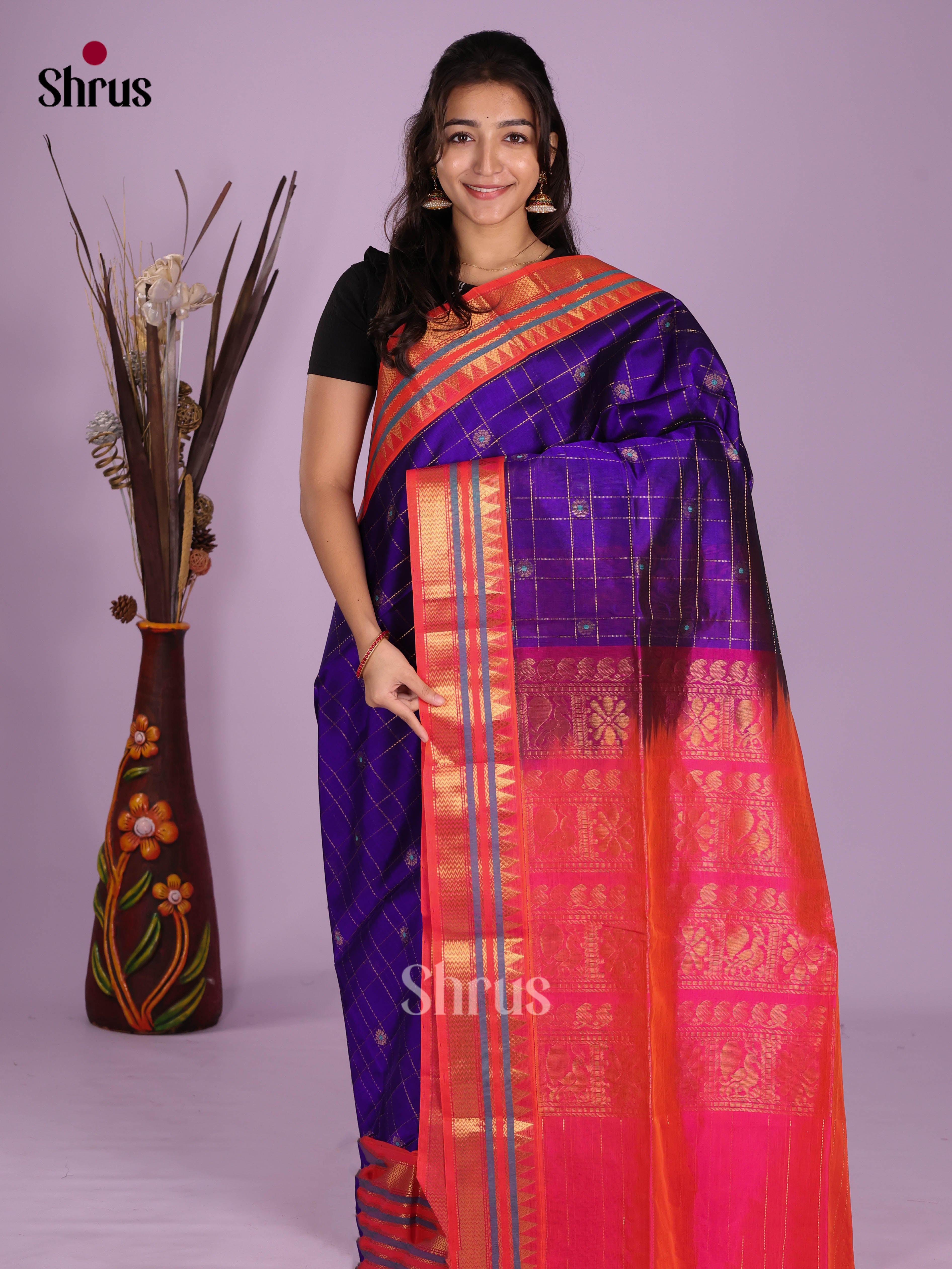 Blue  & Orangish Pink- Silk Cotton Saree - Shop on Shrus.com