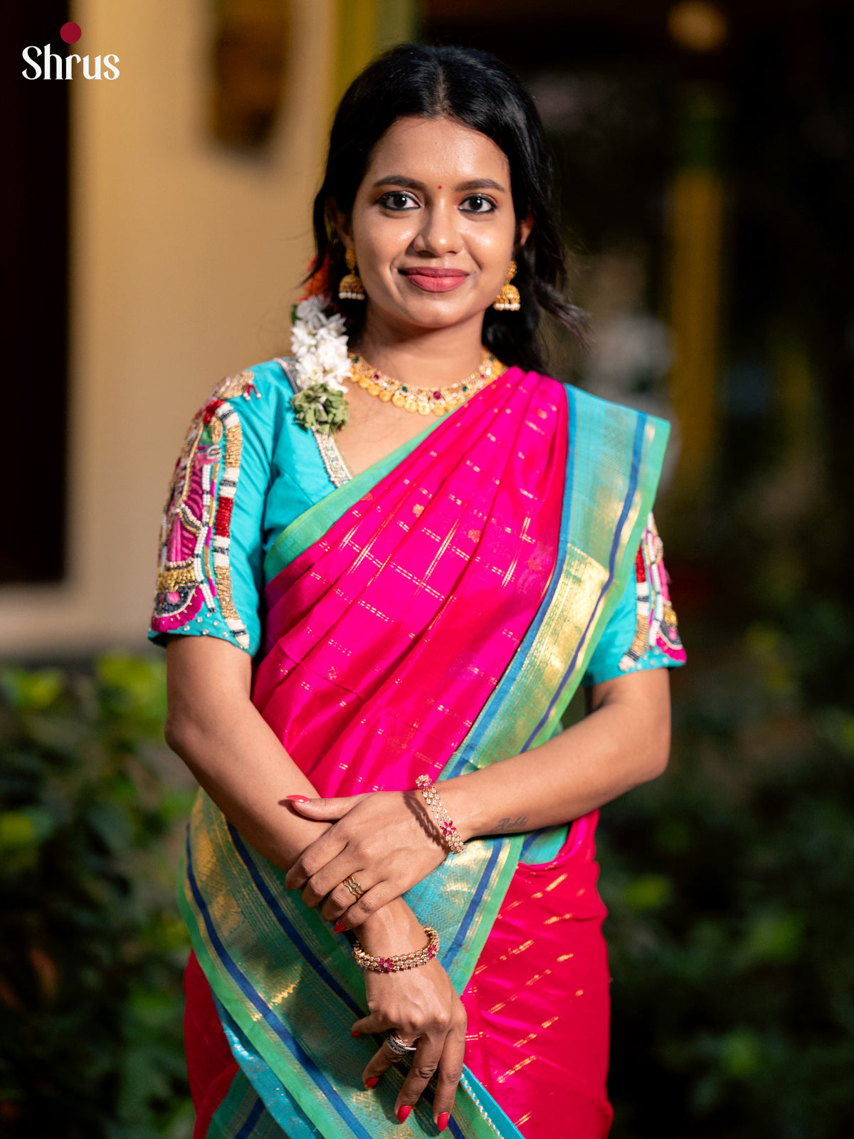 Charming Pink & teal Green Silk Cotton Saree with zari buttas