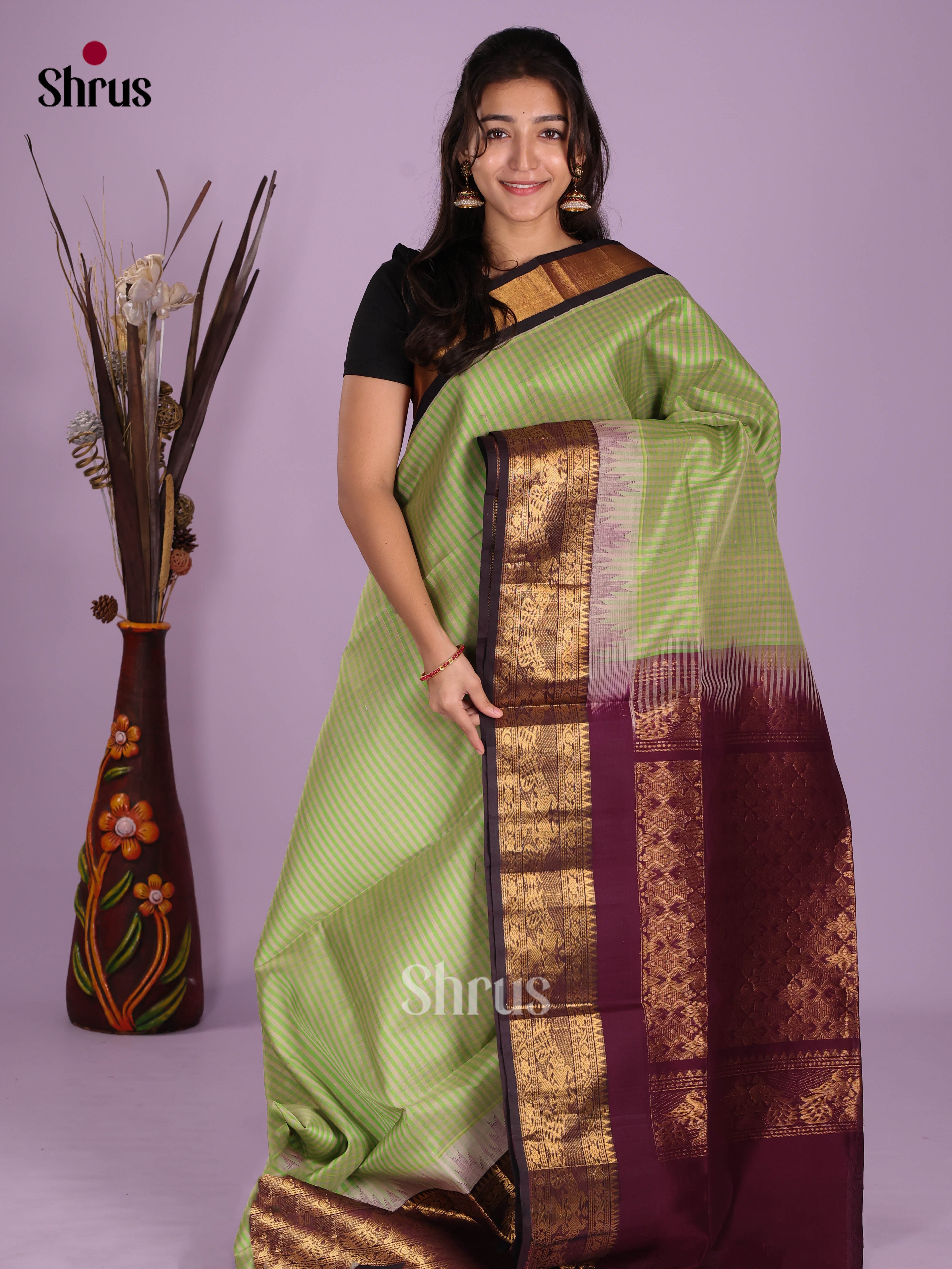 Pista Green & Maroon- Silk Cotton Saree