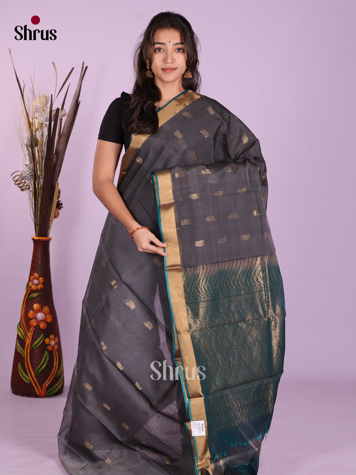 Grey  & Blue - Timeless Silk Cotton Saree - Shop on Shrus.com