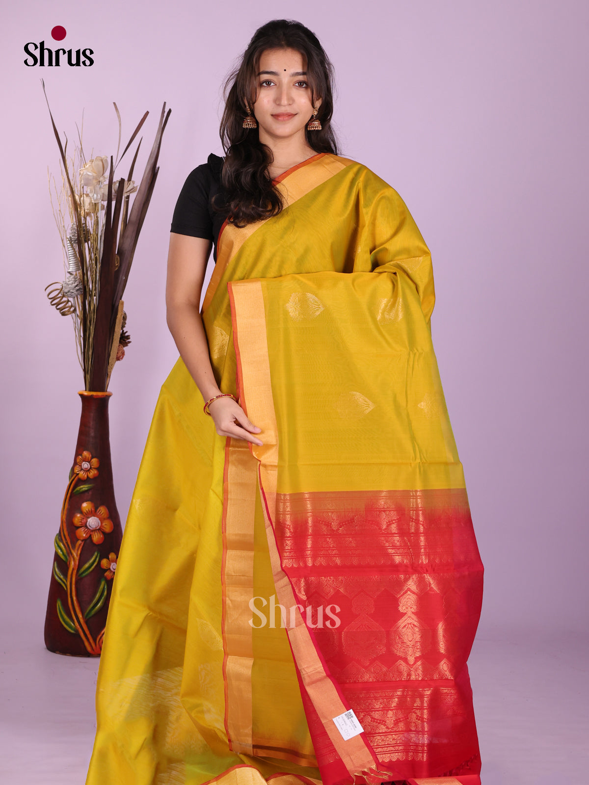 Mustardy Green & Red - Timeless Silk Cotton Saree - Shop on Shrus.com
