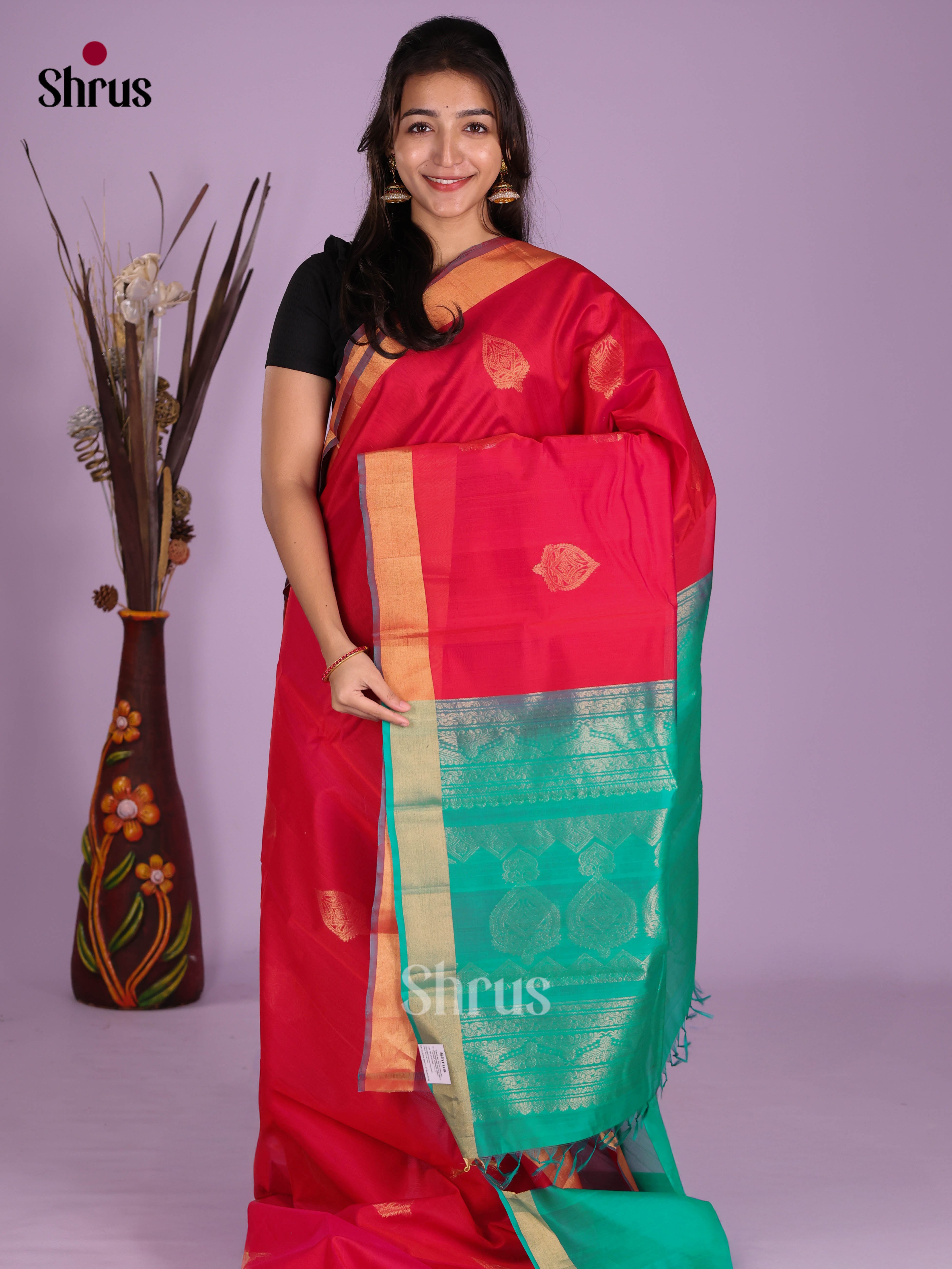 Red & Green - Timeless Silk Cotton Saree - Shop on Shrus.com