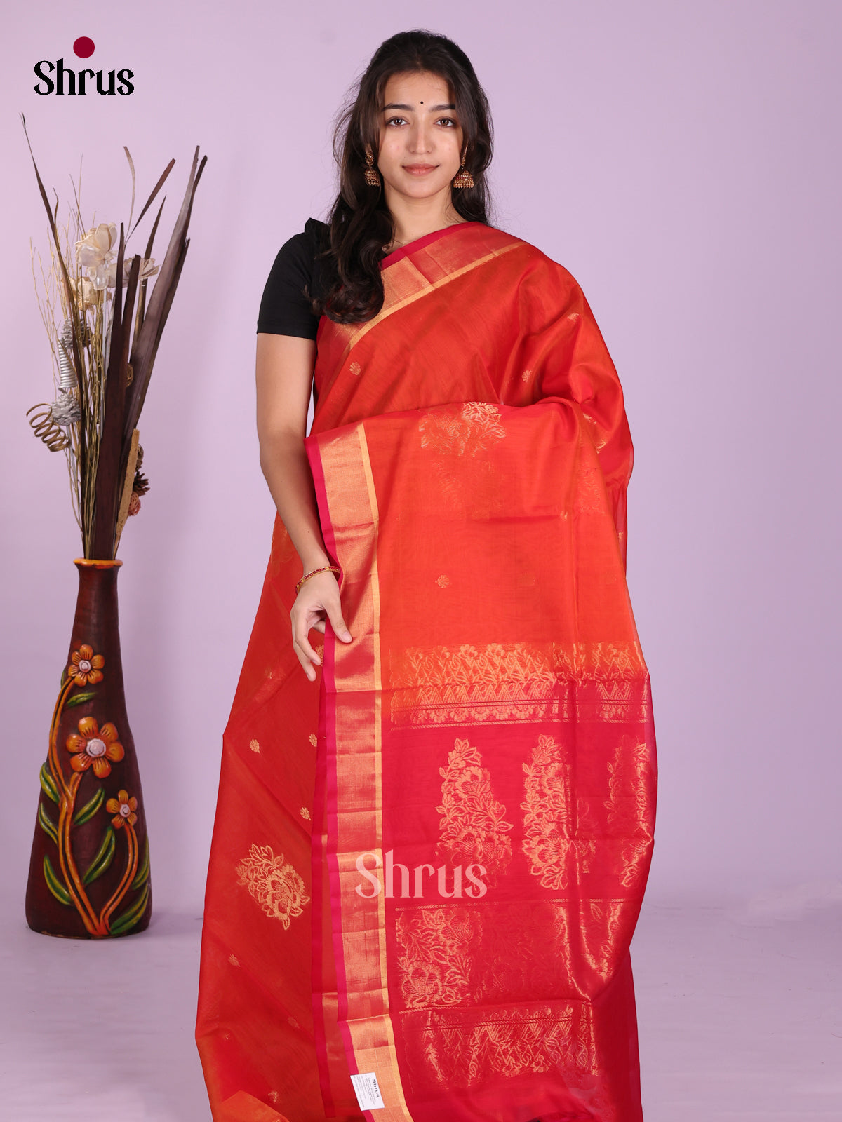 Orange & Red - Timeless Silk Cotton Saree - Shop on Shrus.com