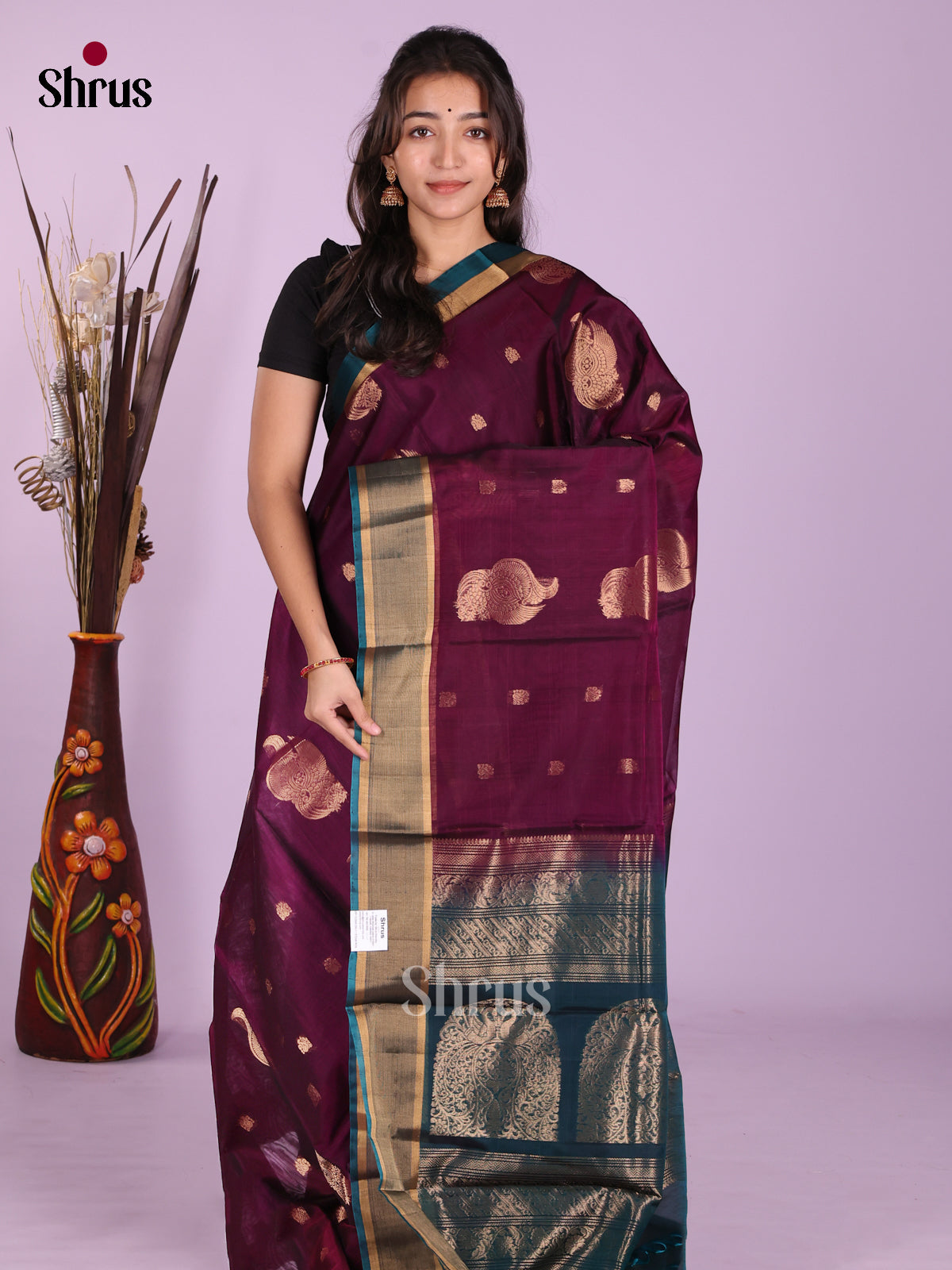Wine & Peacock Blue - Timeless Silk Cotton Saree