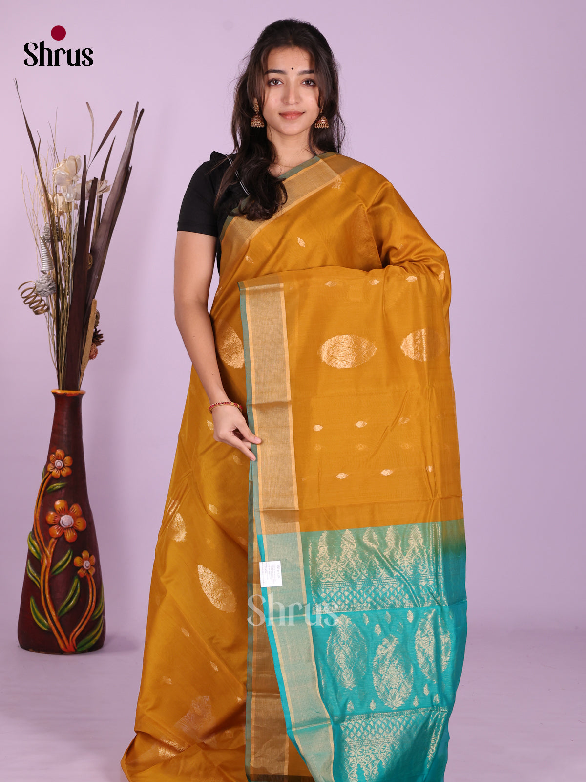 Mustard & Teal Blue  - Timeless Silk Cotton Saree - Shop on Shrus.com