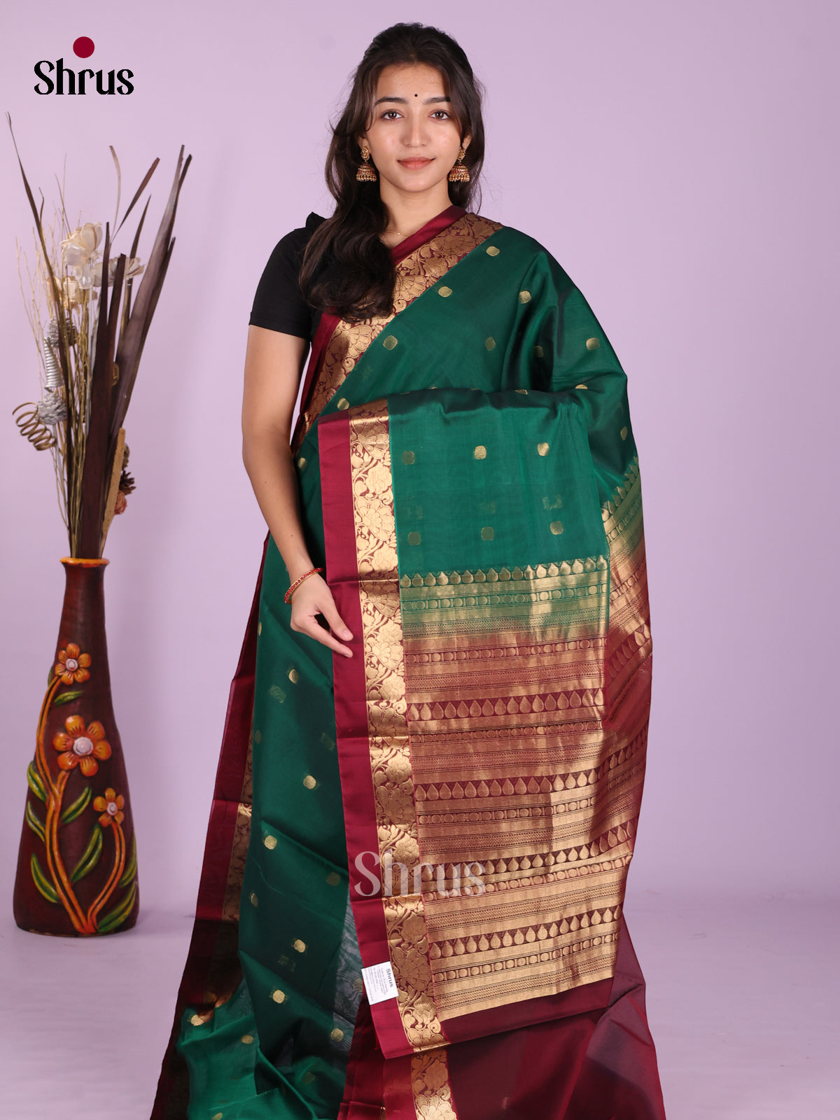 Green & Maroon - Timeless Silk Cotton Saree - Shop on Shrus.com