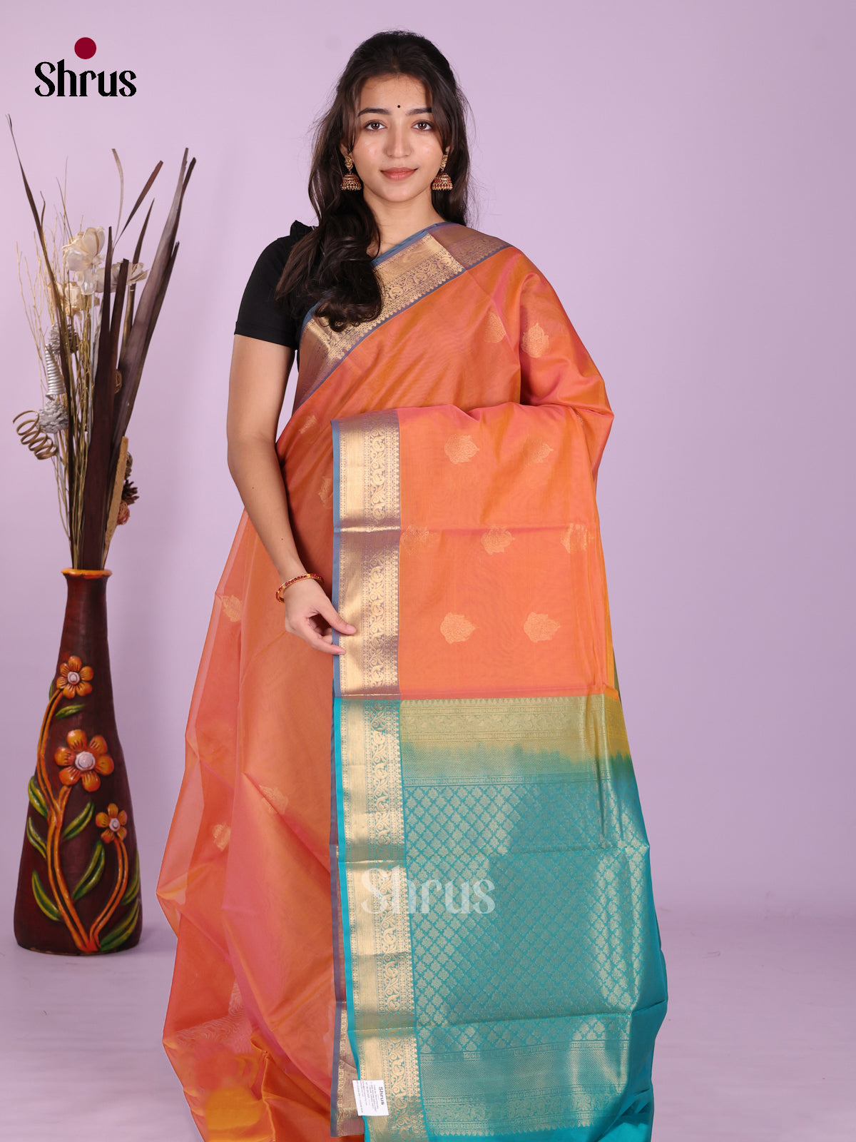 Orange &  Teal- Timeless Silk Cotton Saree - Shop on Shrus.com