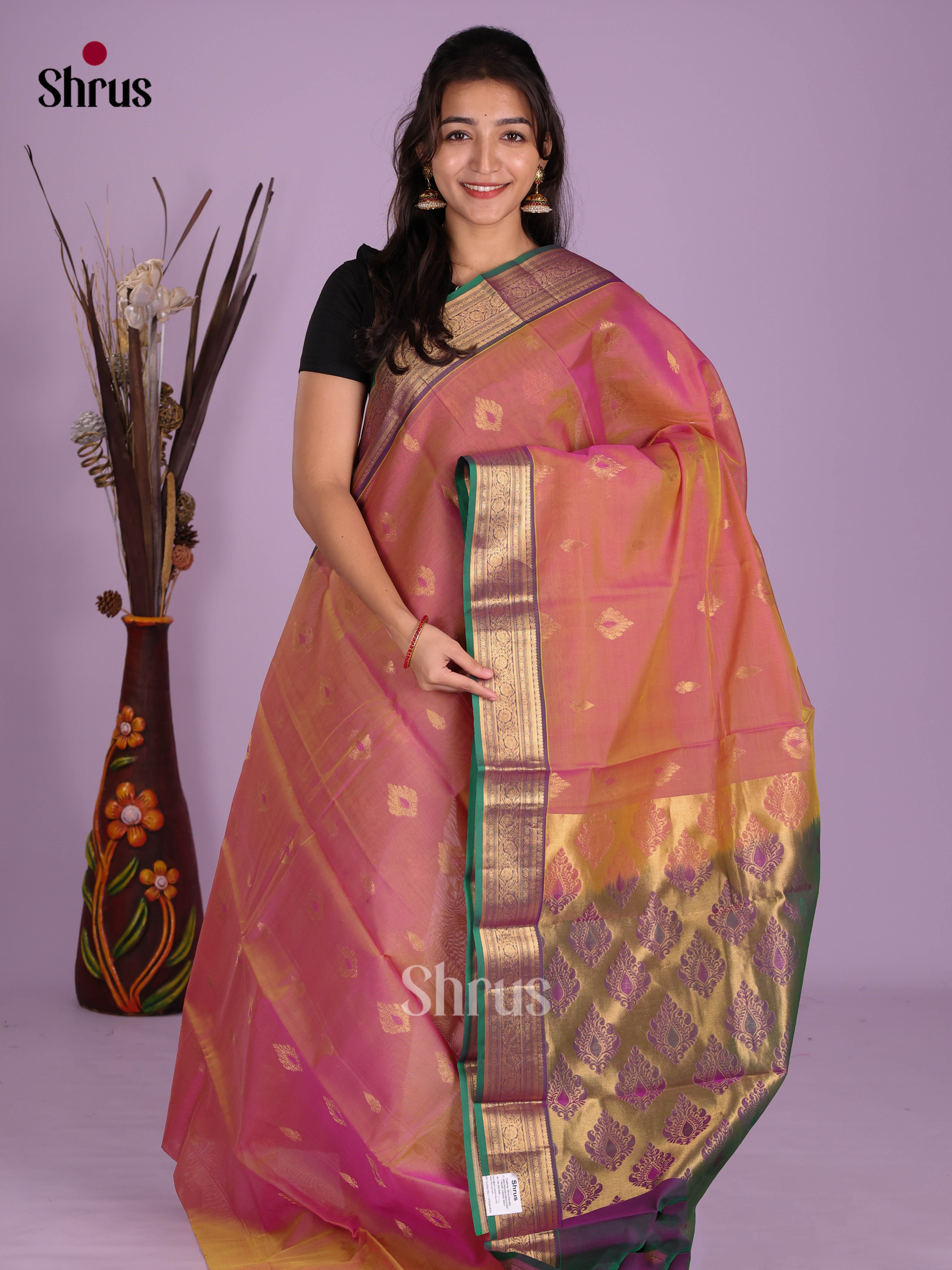 Orangish Pink & Green - Timeless Silk Cotton Saree - Shop on Shrus.com