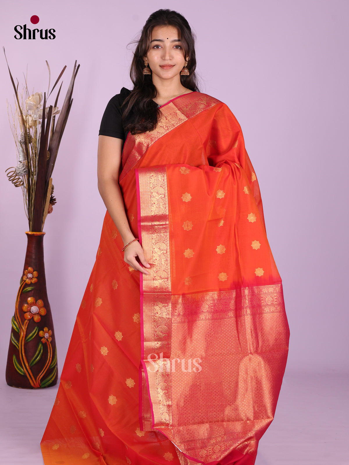 Orange & Red- Timeless Silk Cotton Saree - Shop on Shrus.com