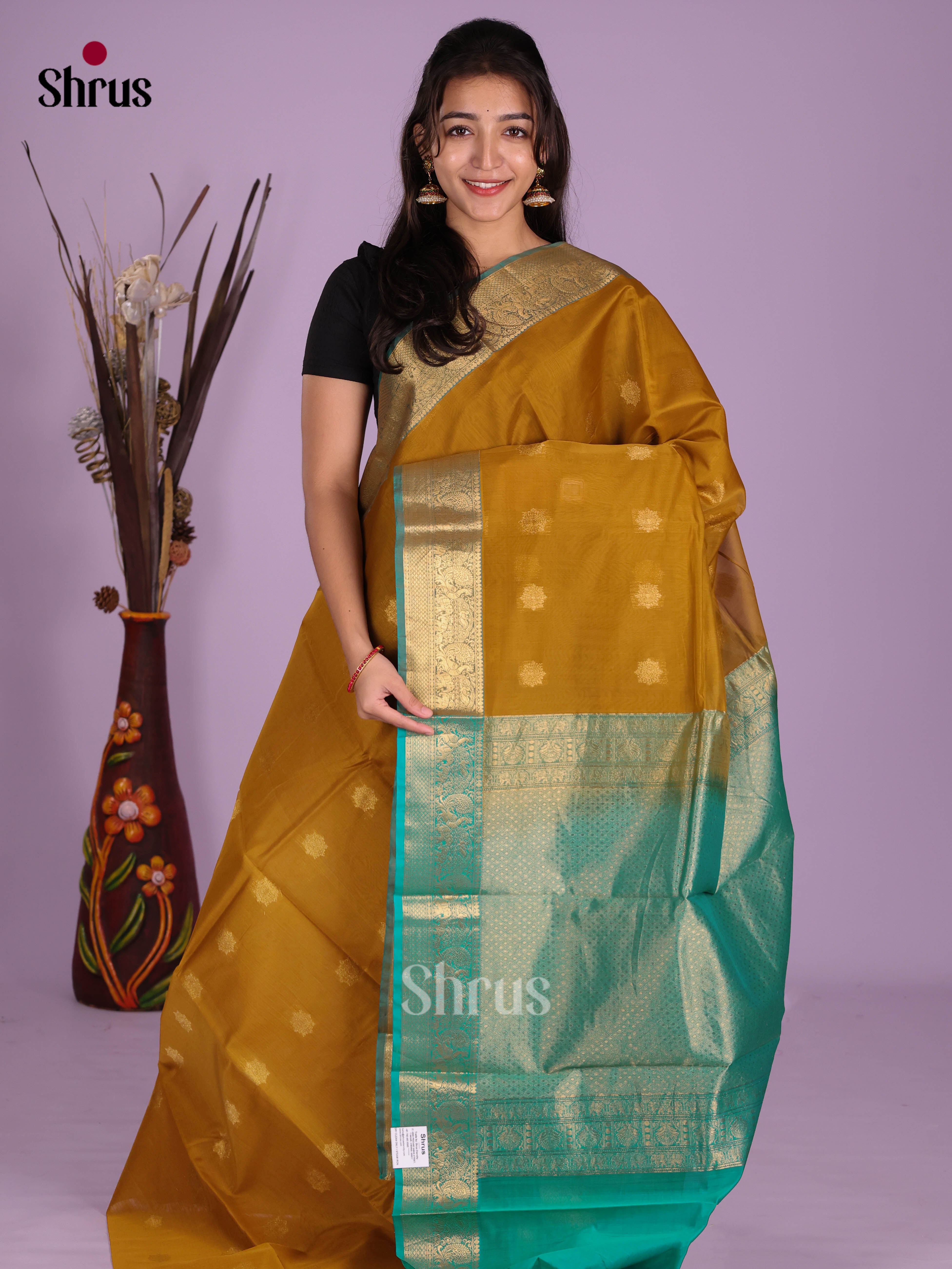 Dark mustard & Green - Timeless Silk Cotton Saree - Shop on Shrus.com