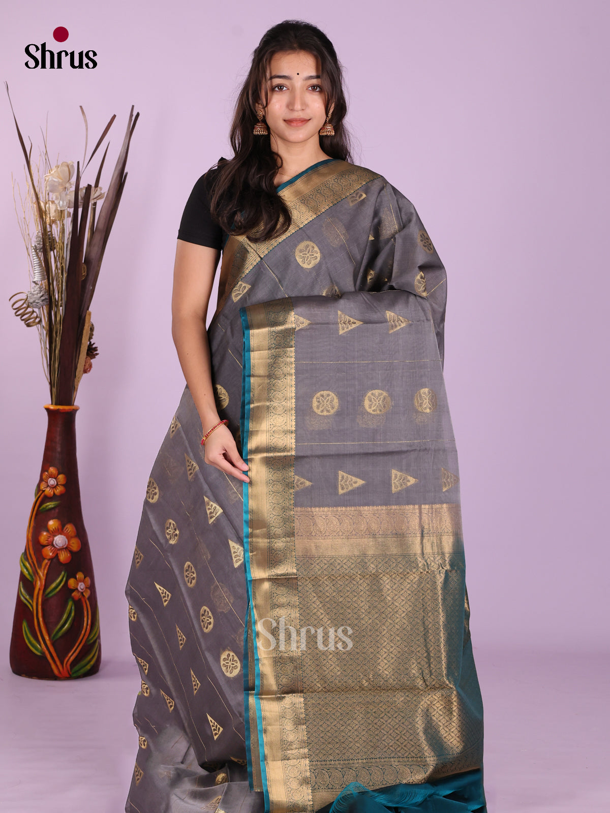 Grey & Peacock Blue - Timeless Silk Cotton Saree