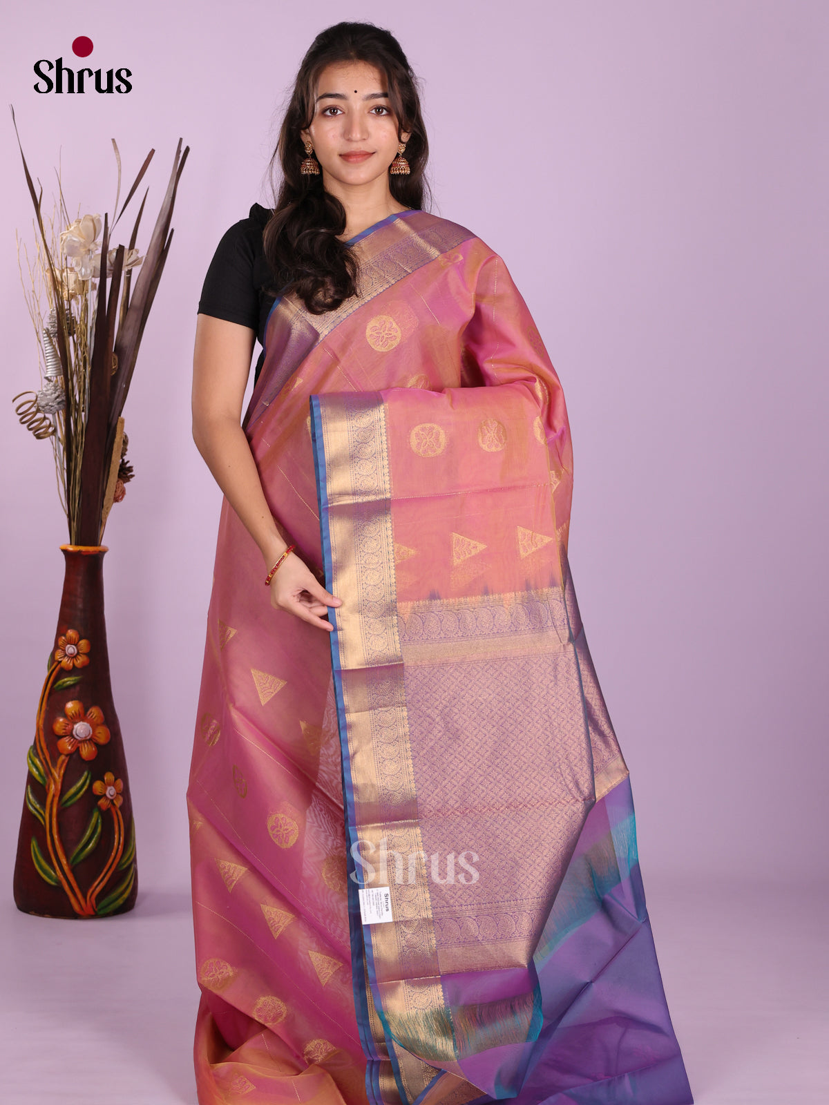 Double Shaded Peachish Pink & Blue - Timeless Silk Cotton Saree