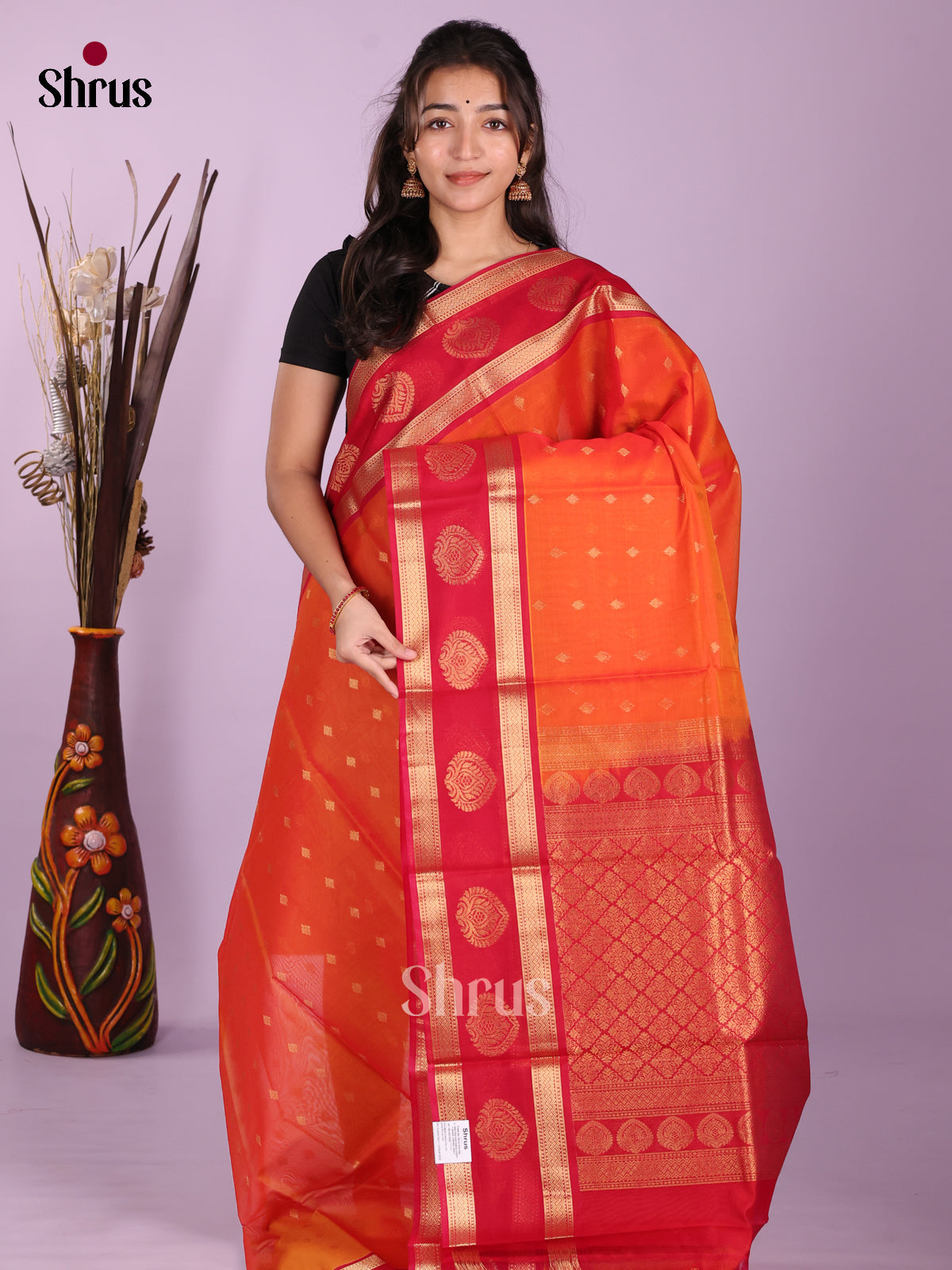 Orange &  Red - Timeless Silk Cotton Saree - Shop on Shrus.com