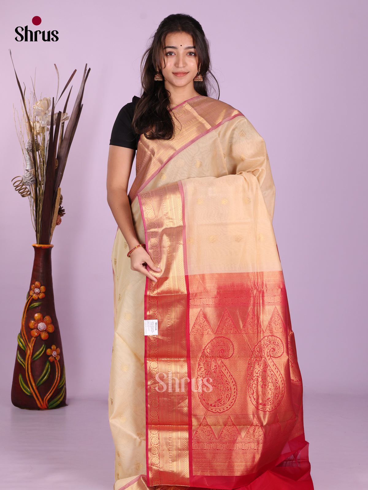 Cream & Red - Timeless Silk Cotton Saree - Shop on Shrus.com