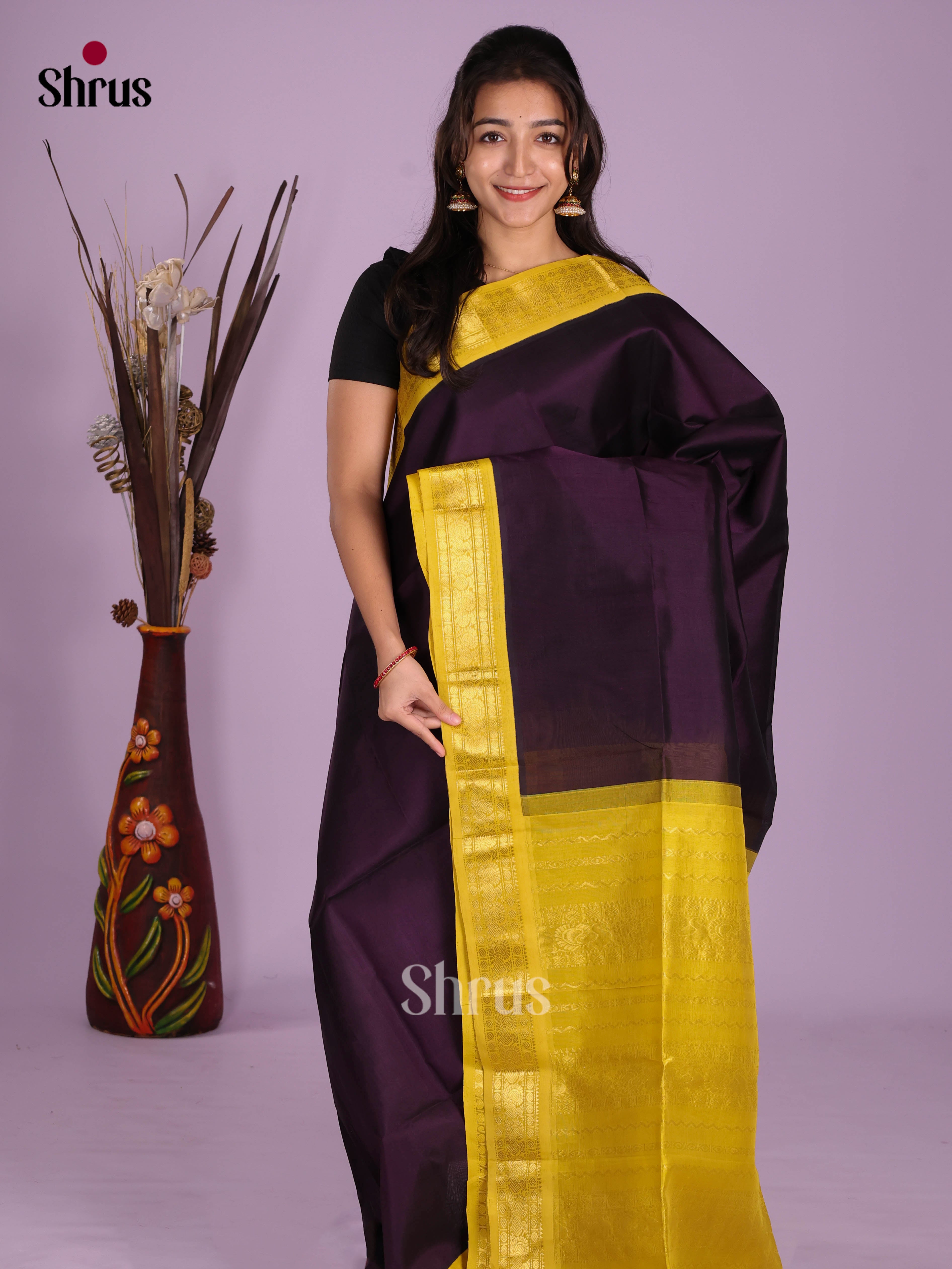 Violet & Yellow - Silk Cotton Saree - Shop on Shrus.com