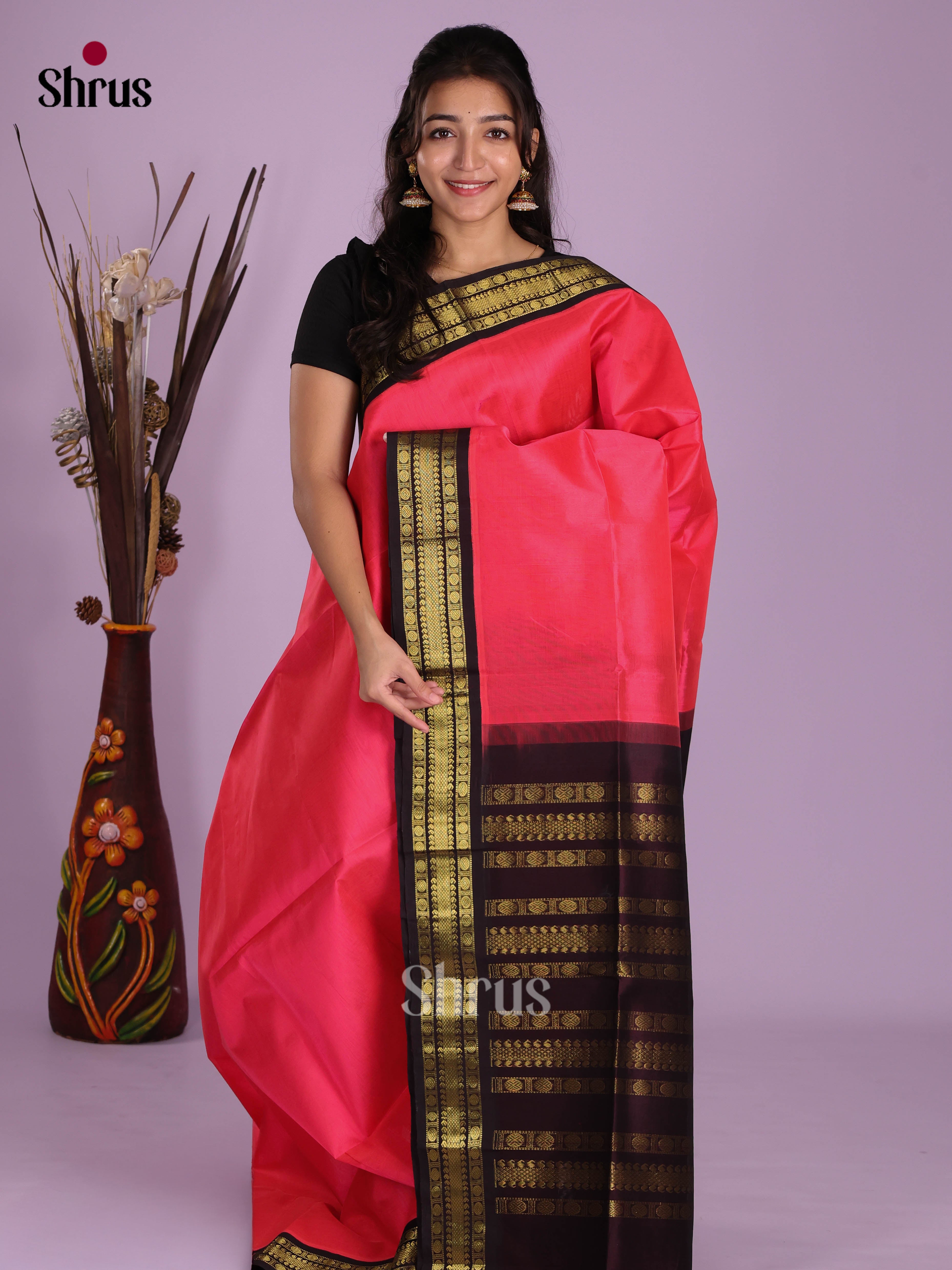 Pink & Maroon- Silk Cotton Saree - Shop on Shrus.com