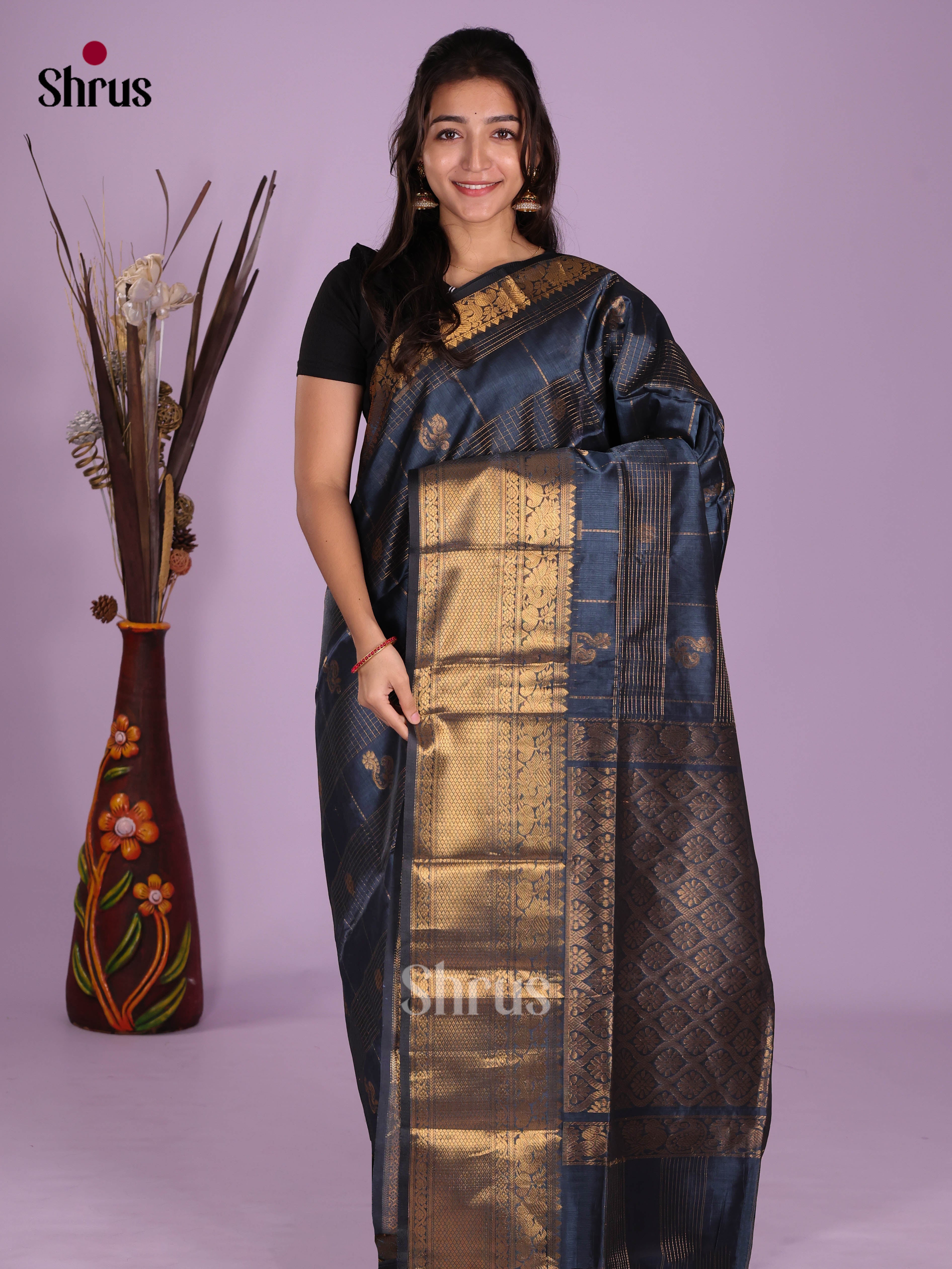 Midnight Blue(Single Tone)- Silk Cotton Saree - Shop on Shrus.com