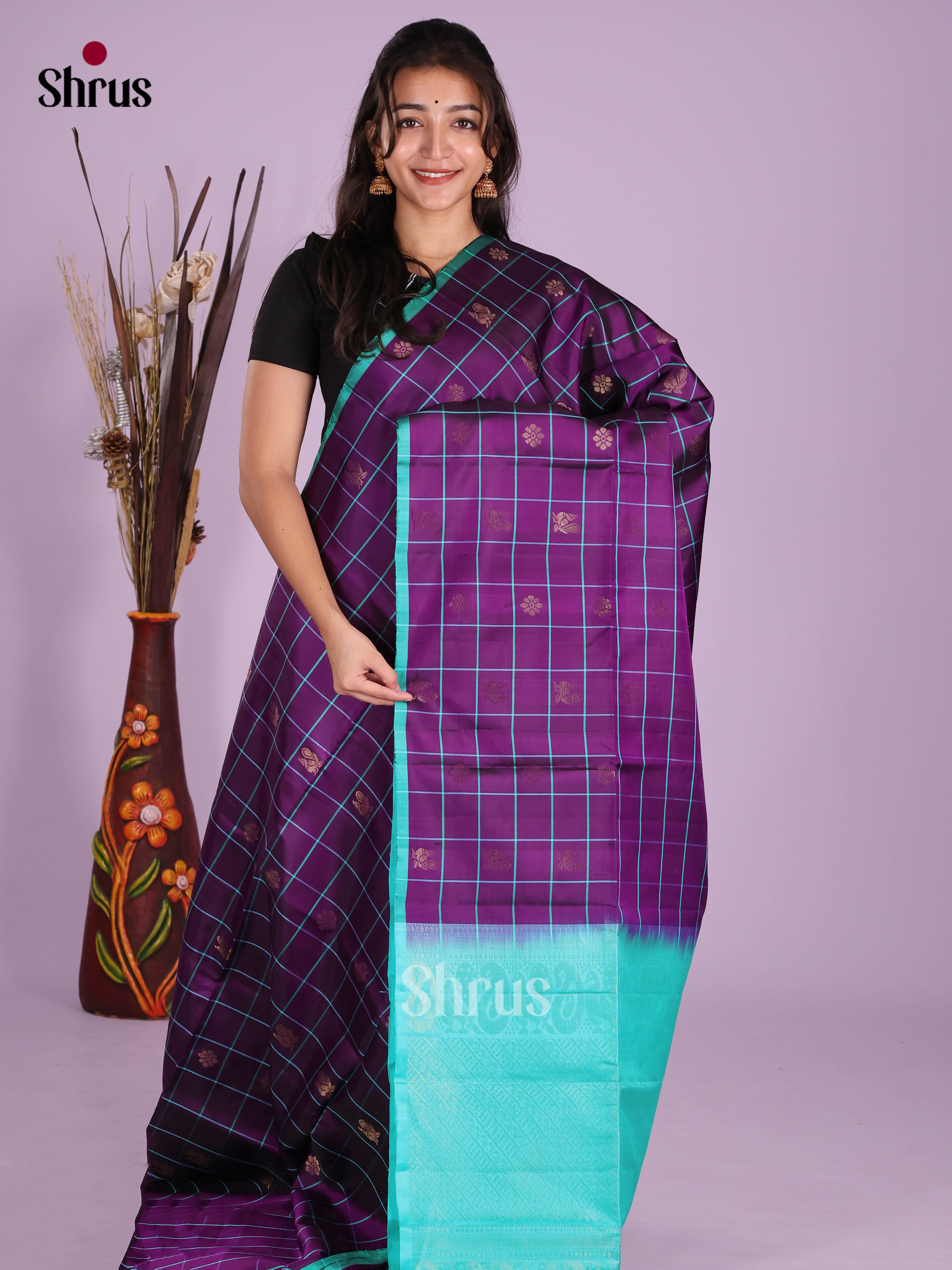 Enchanting Violet with Blue Soft Silk  Saree with zari peacock , floral buttas