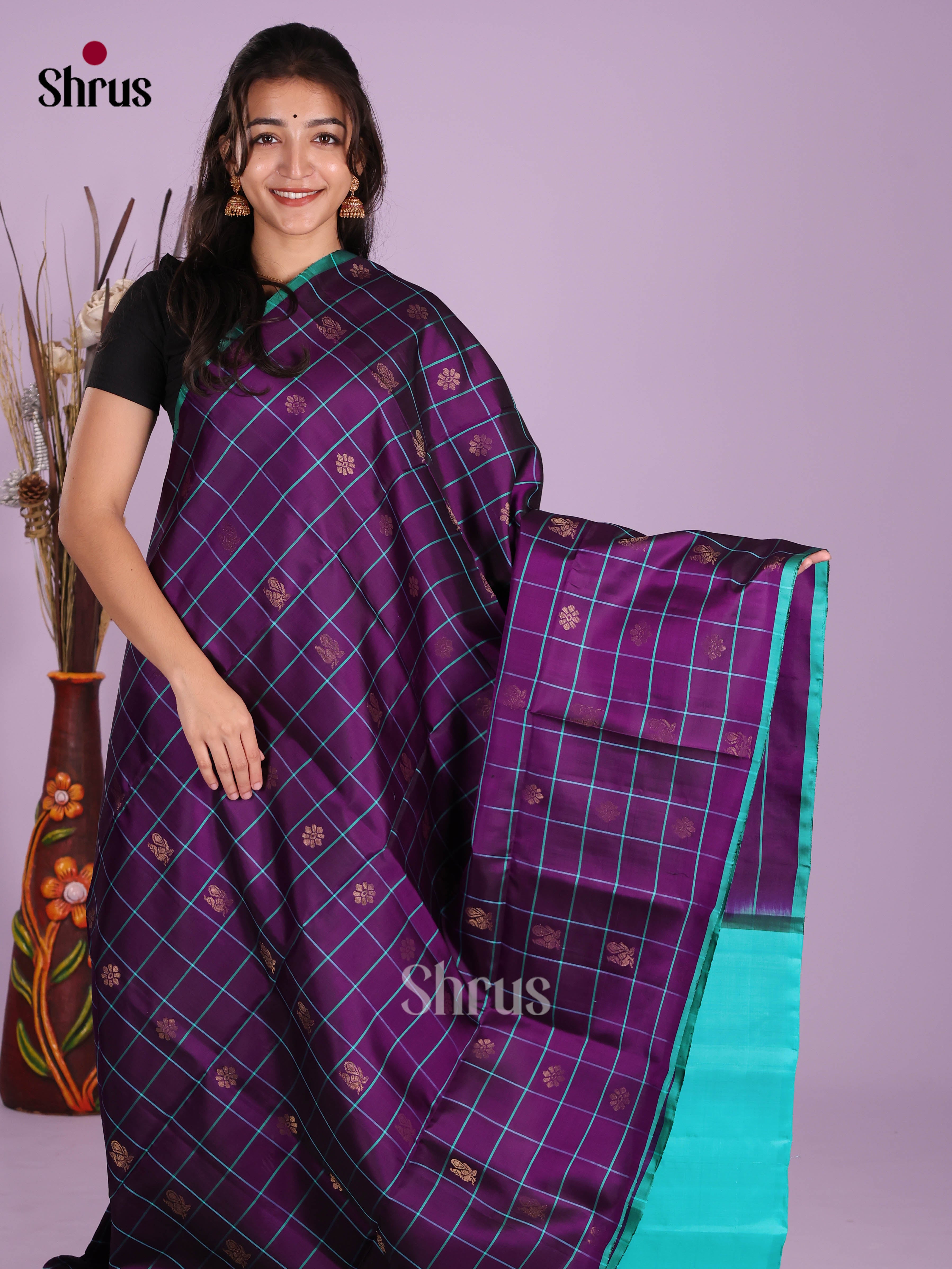 Enchanting Violet with Blue Soft Silk  Saree with zari peacock , floral buttas