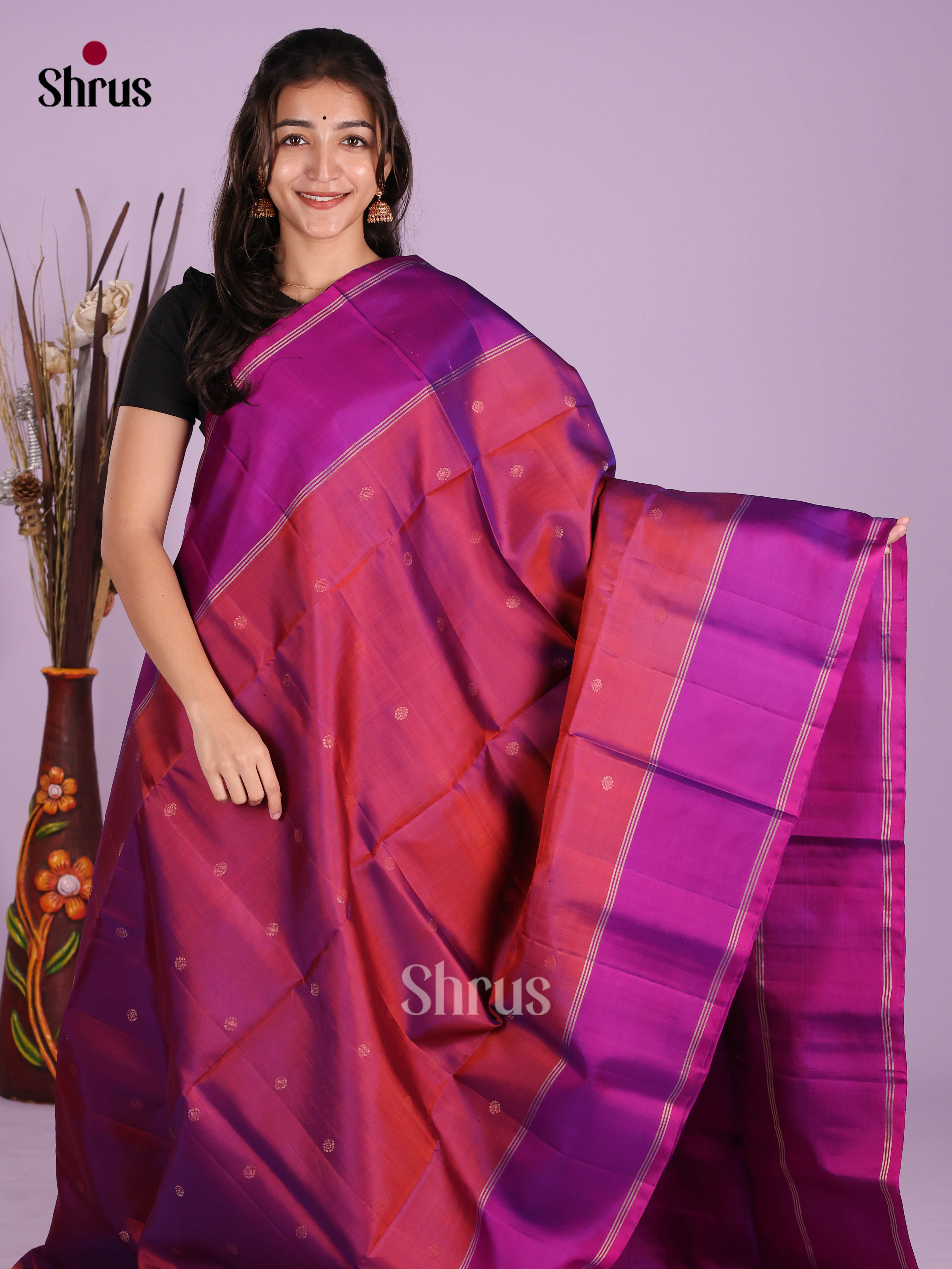 Classic Maroon & Purple Soft Silk Saree with zari buttas & brocade pallu