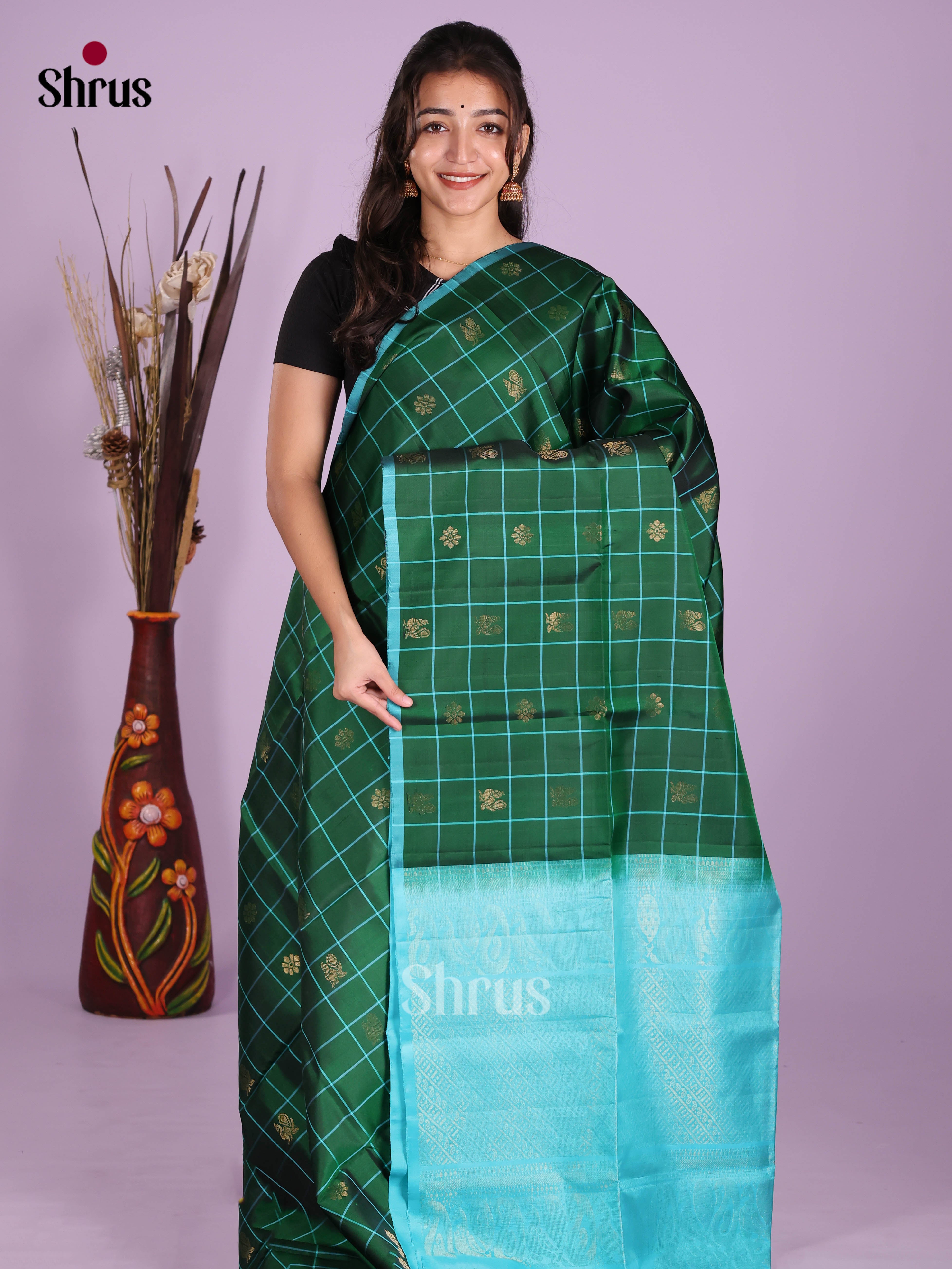 Ethereal Green & Blue  Soft Silk Saree with thread woven checks, zari floral buttas