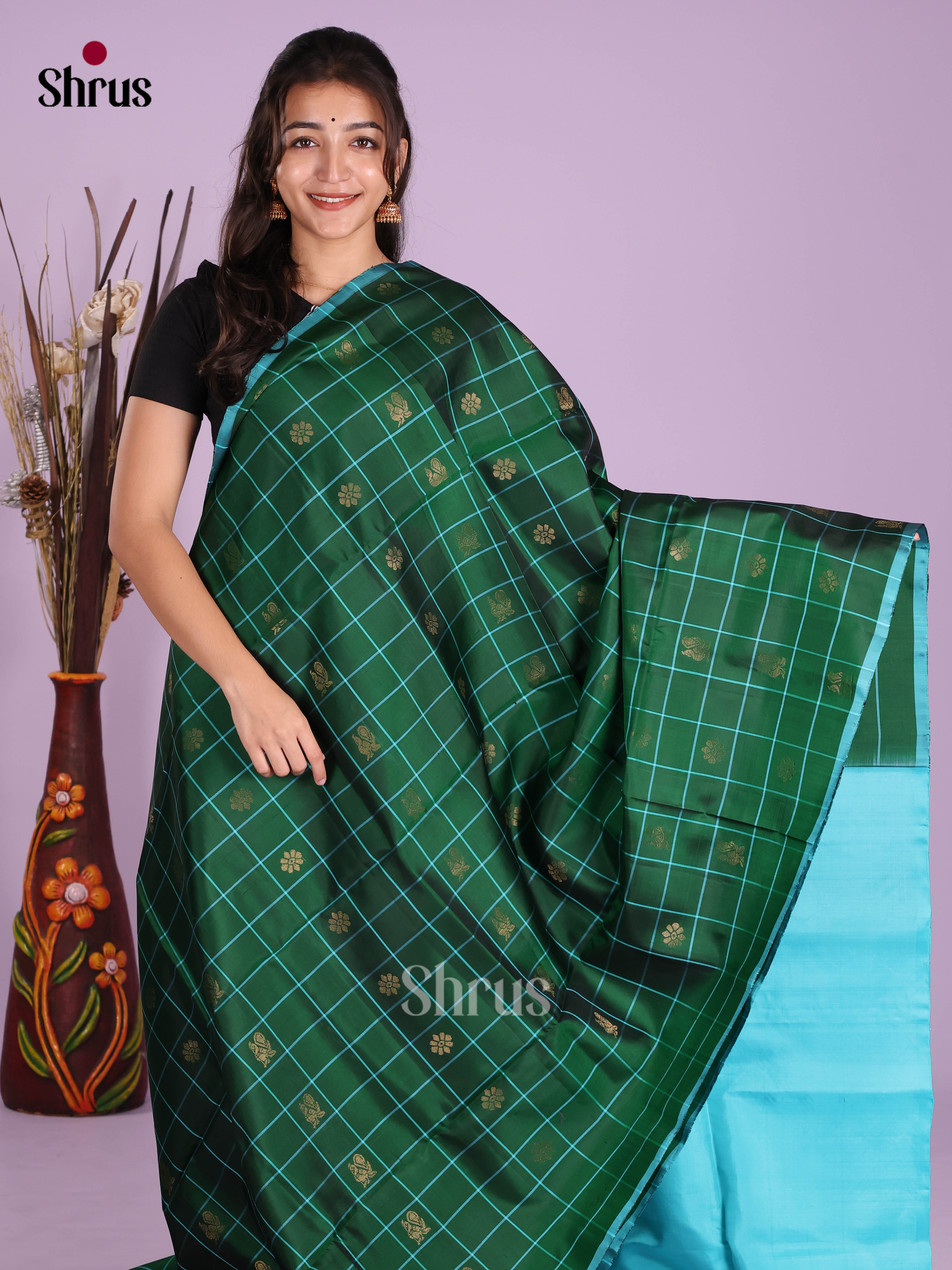 Ethereal Green & Blue  Soft Silk Saree with thread woven checks, zari floral buttas