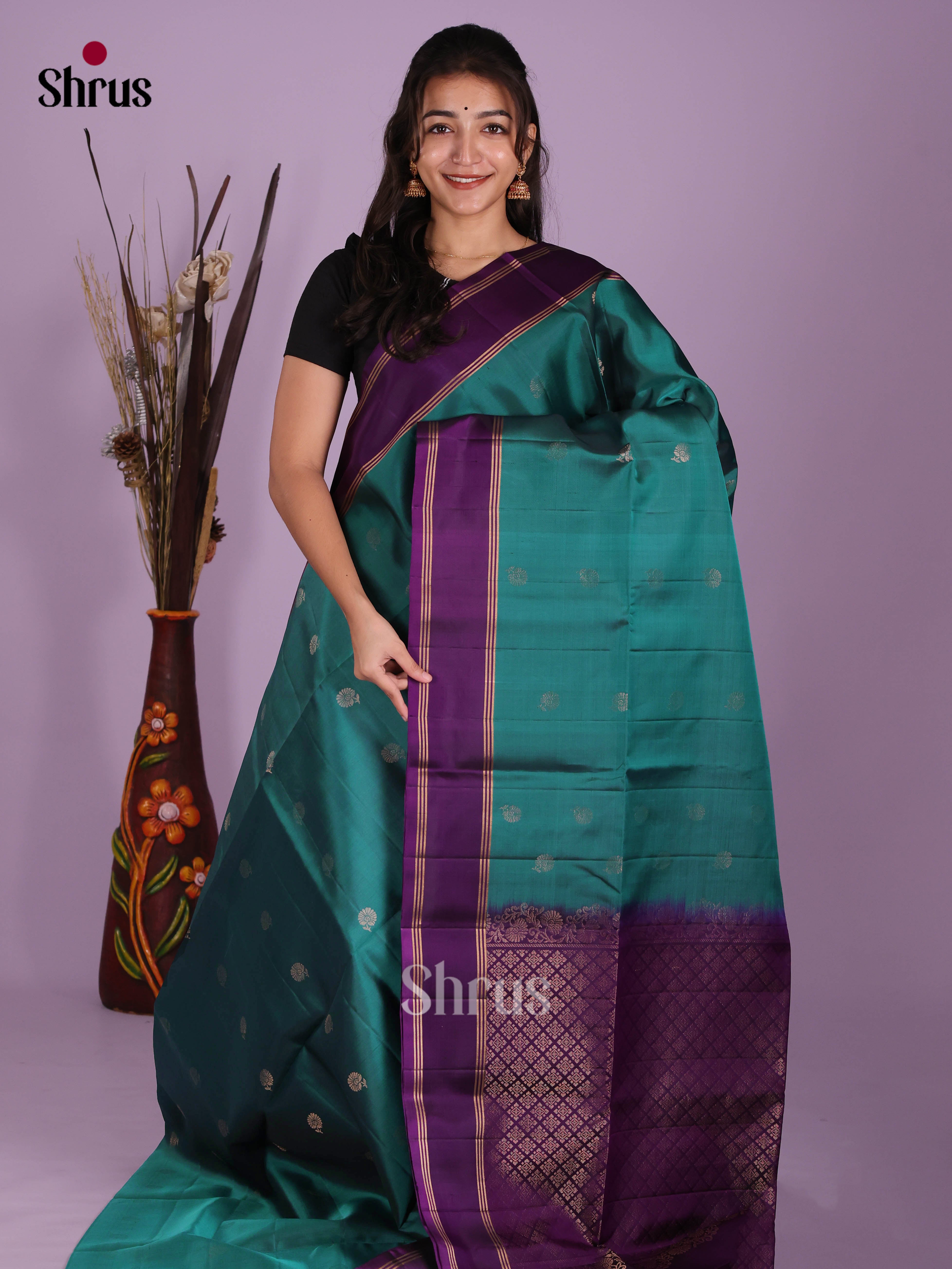 Majestic Blue & Purple Soft Silk  Saree gleams with zari buttas & Rettaipet zari border