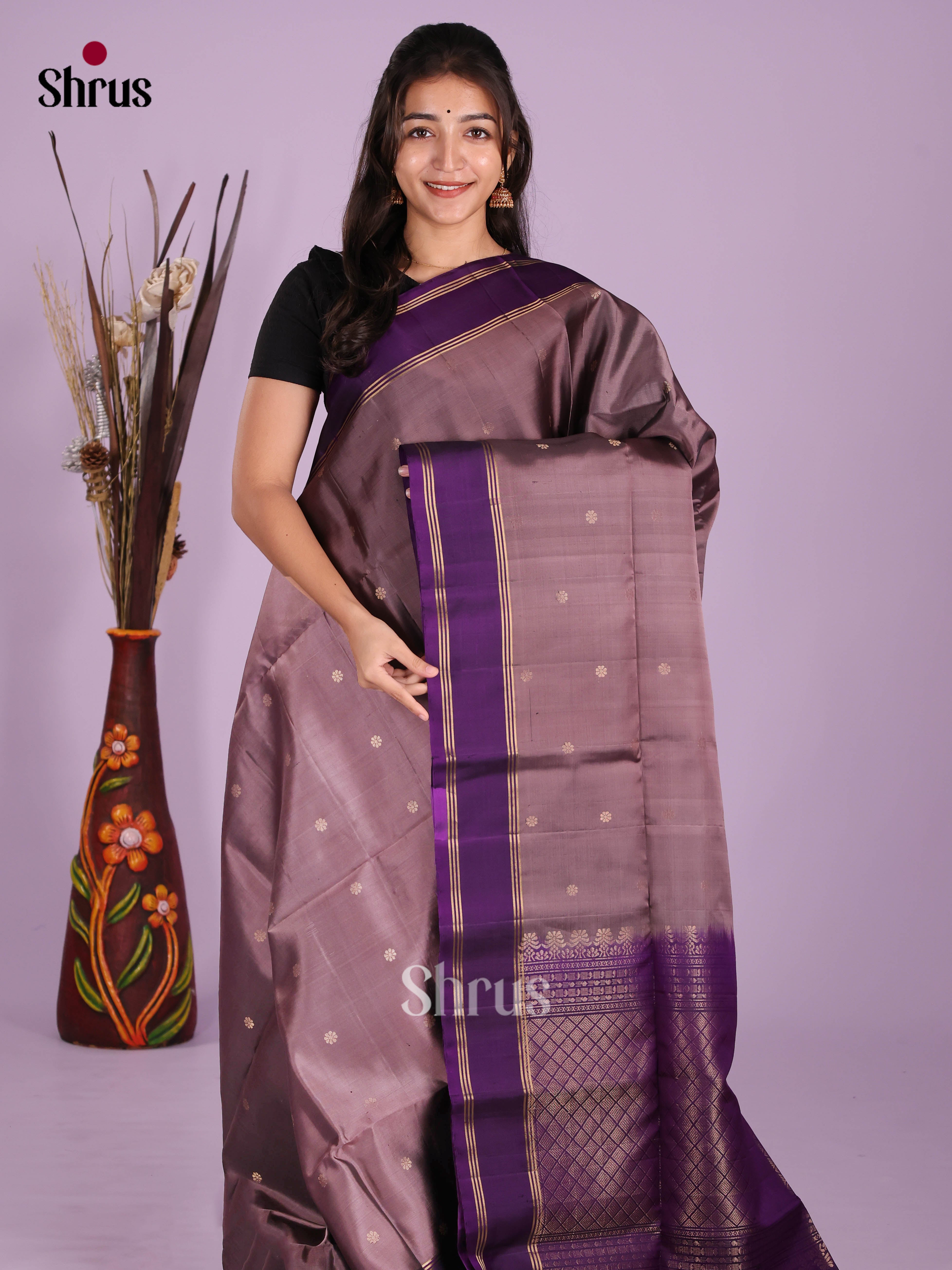 Luxurious Mauve & Violet Soft Silk  Saree with zari floral buttas & Brocade pallu - Shop on Shrus.com