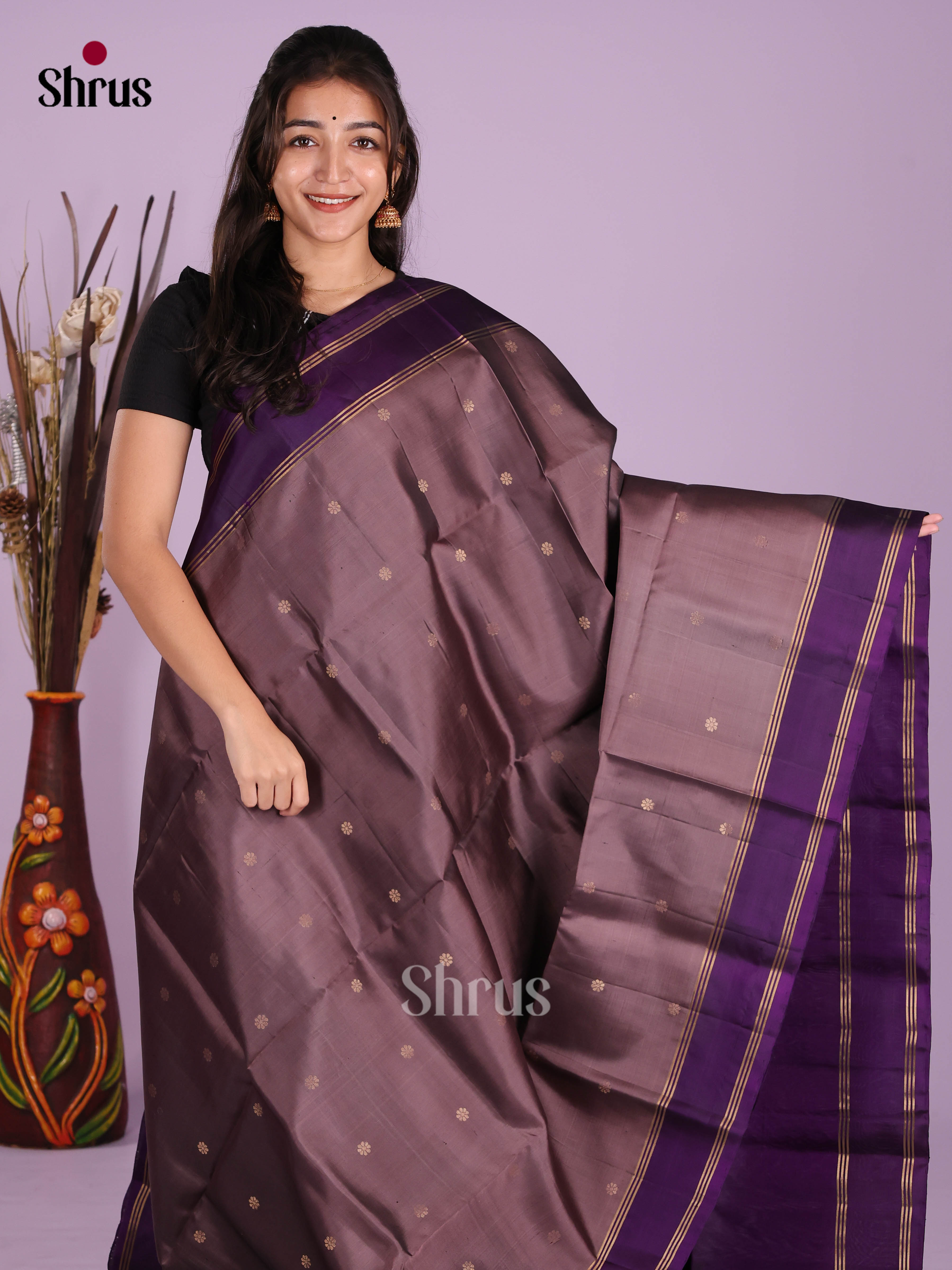 Luxurious Mauve & Violet Soft Silk  Saree with zari floral buttas & Brocade pallu - Shop on Shrus.com
