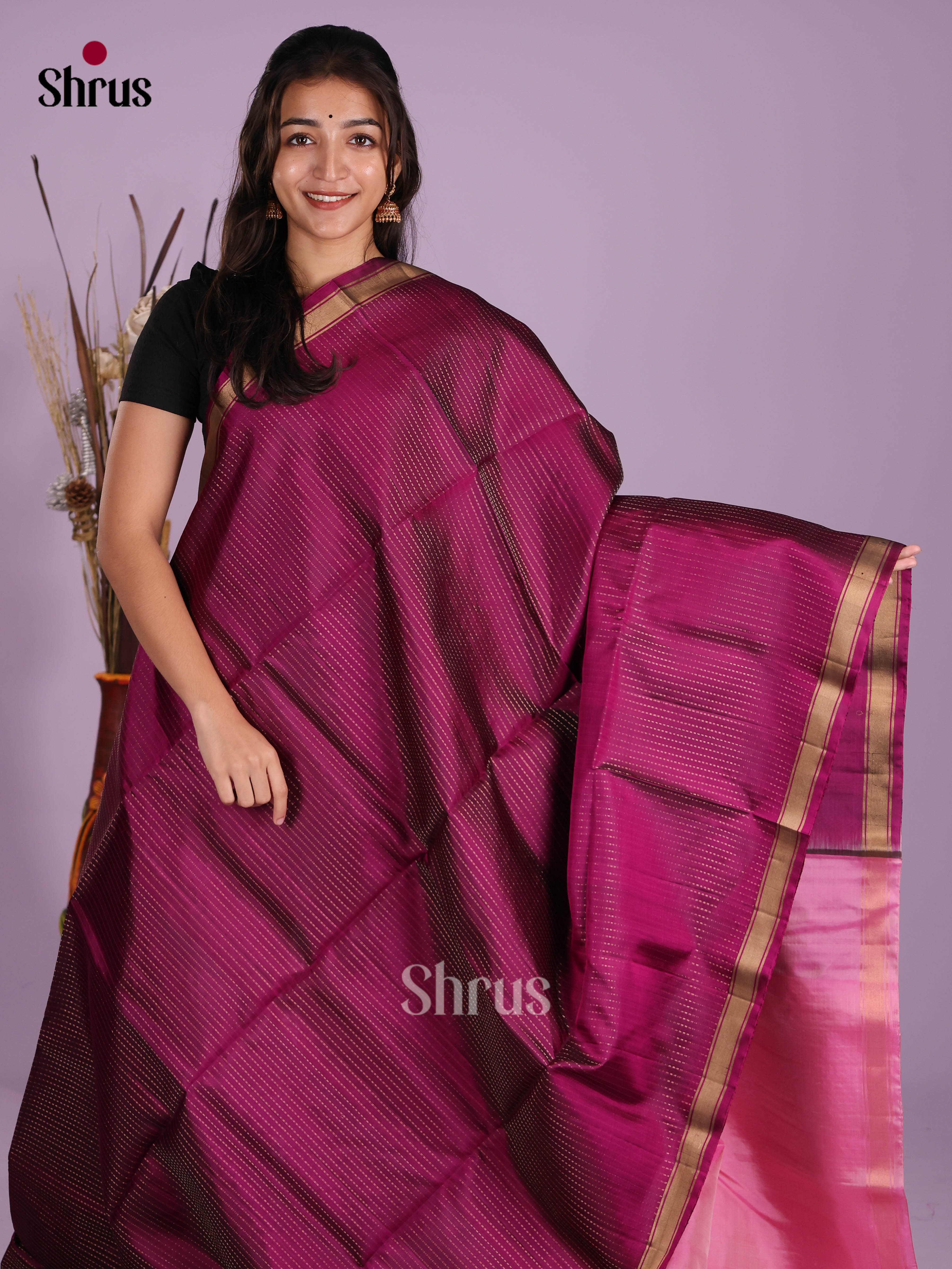 Elegant Purple & Pink Soft Silk  Saree with zari stripes  & Thin border