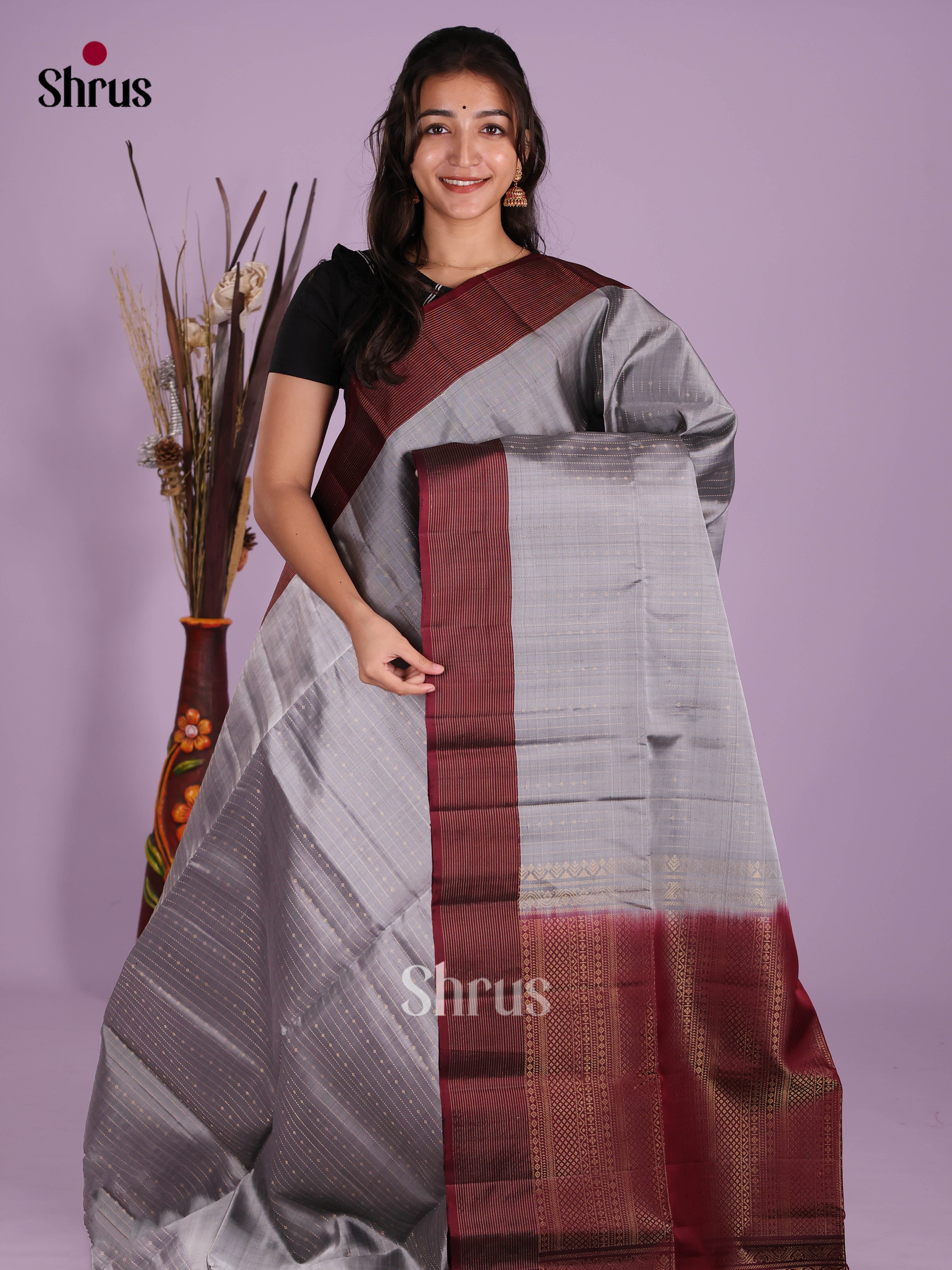 Pretty Grey & Maroon Soft Silk  Saree with zari stripes & contrast border