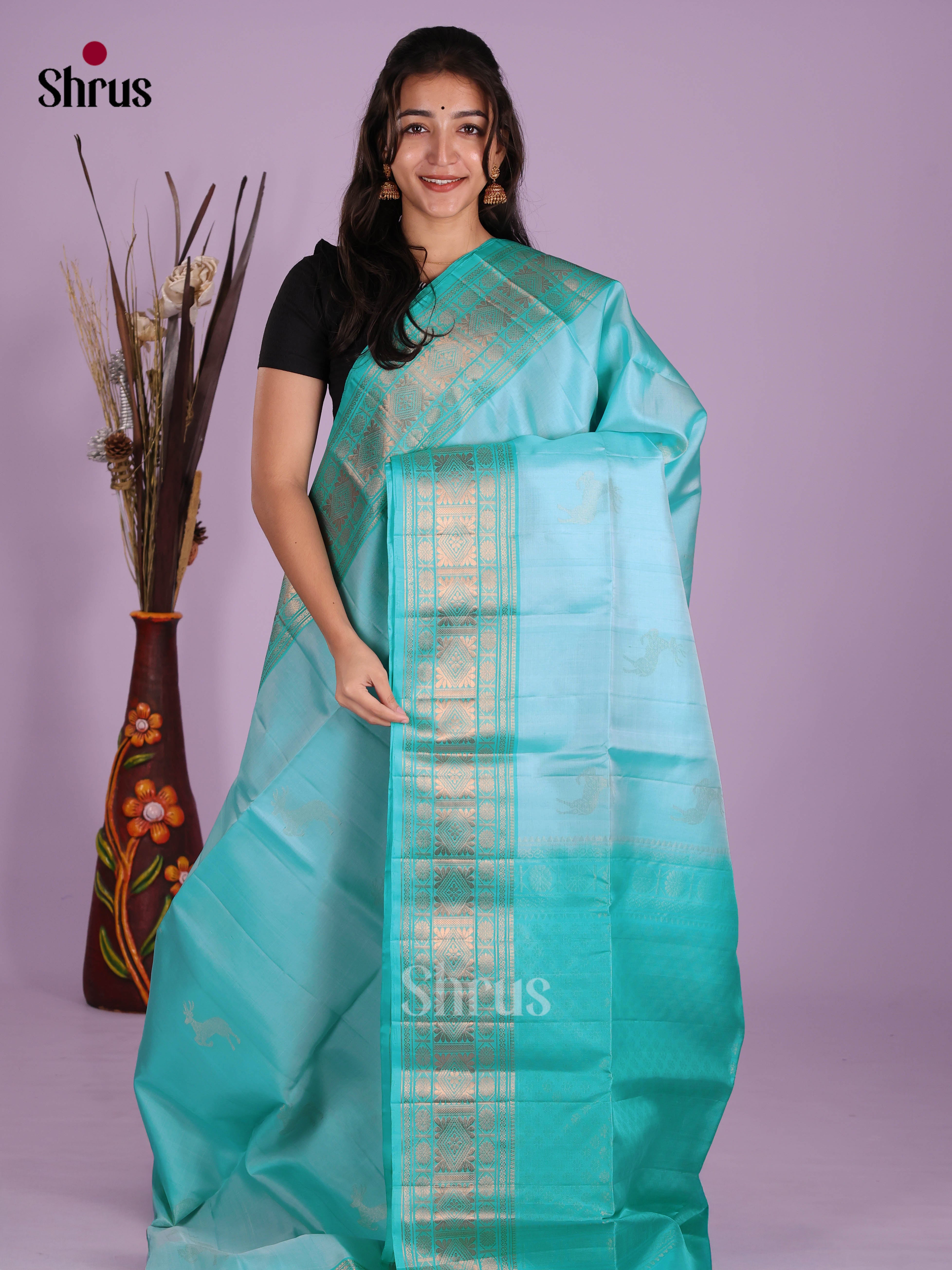 Stunning Sky Blue Soft Silk Saree with zari deer buttas & rich zari border