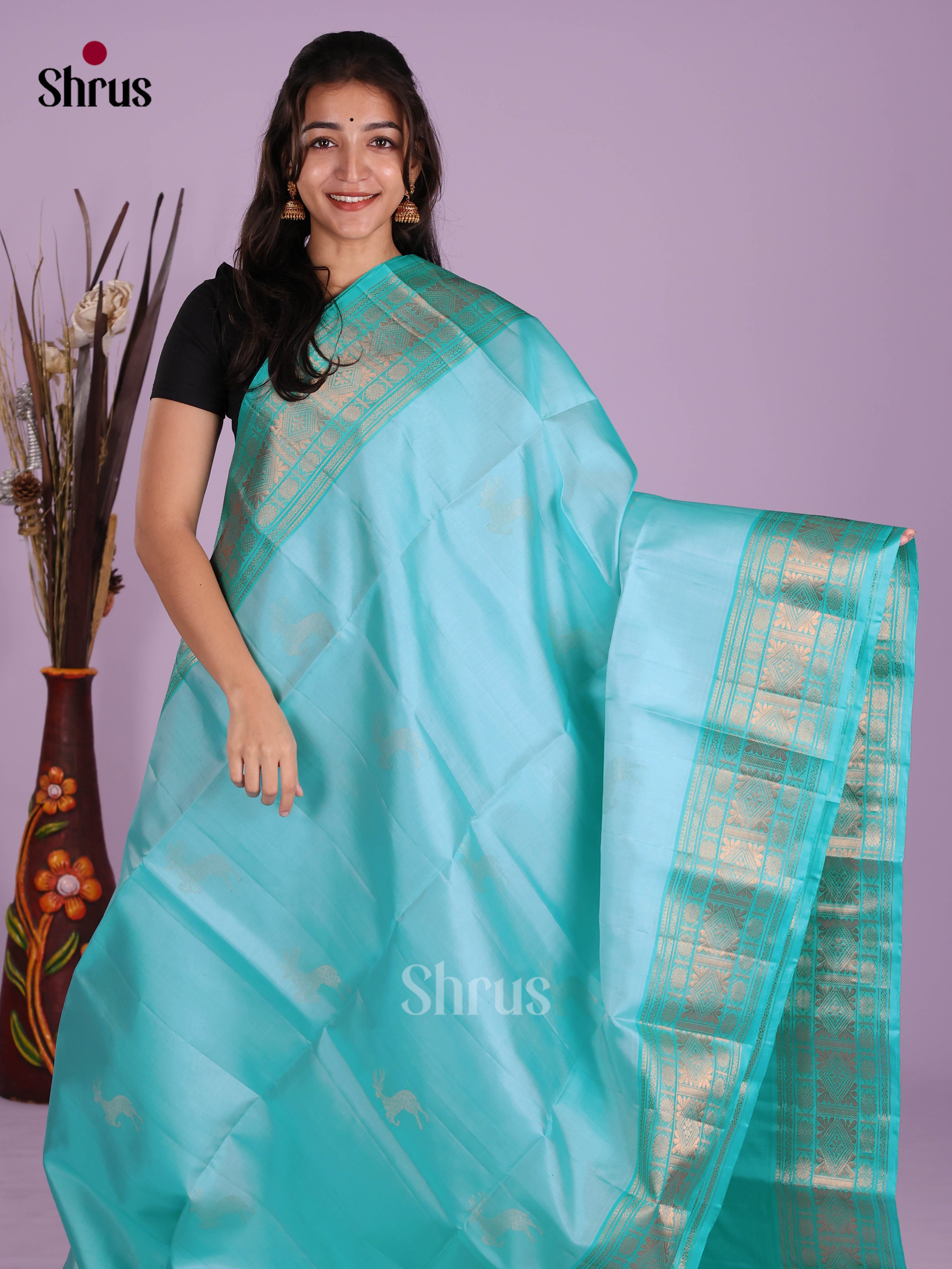 Stunning Sky Blue Soft Silk Saree with zari deer buttas & rich zari border