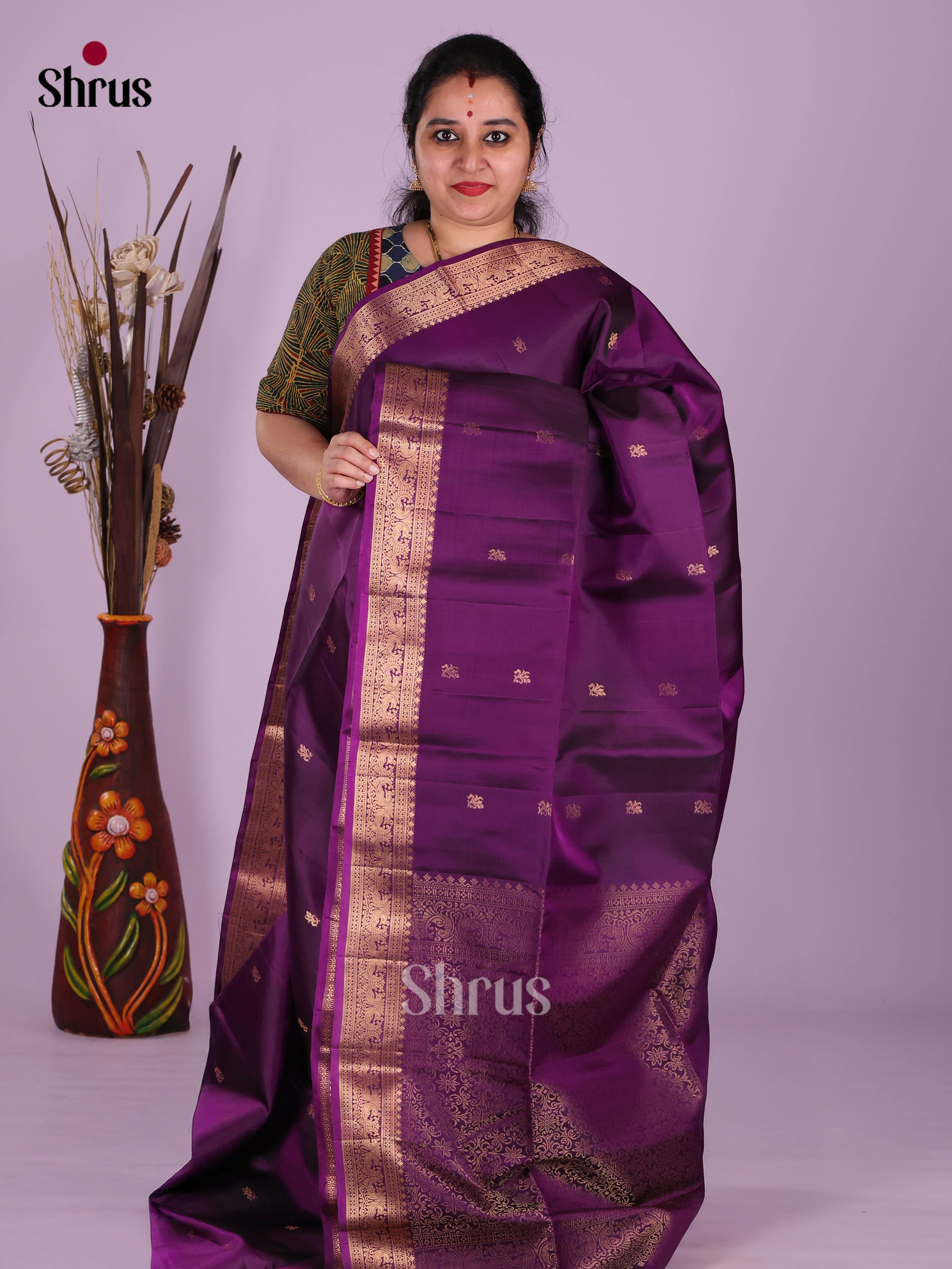 Stunning Violet Soft Silk Saree with Golden buttas & rich Zari border