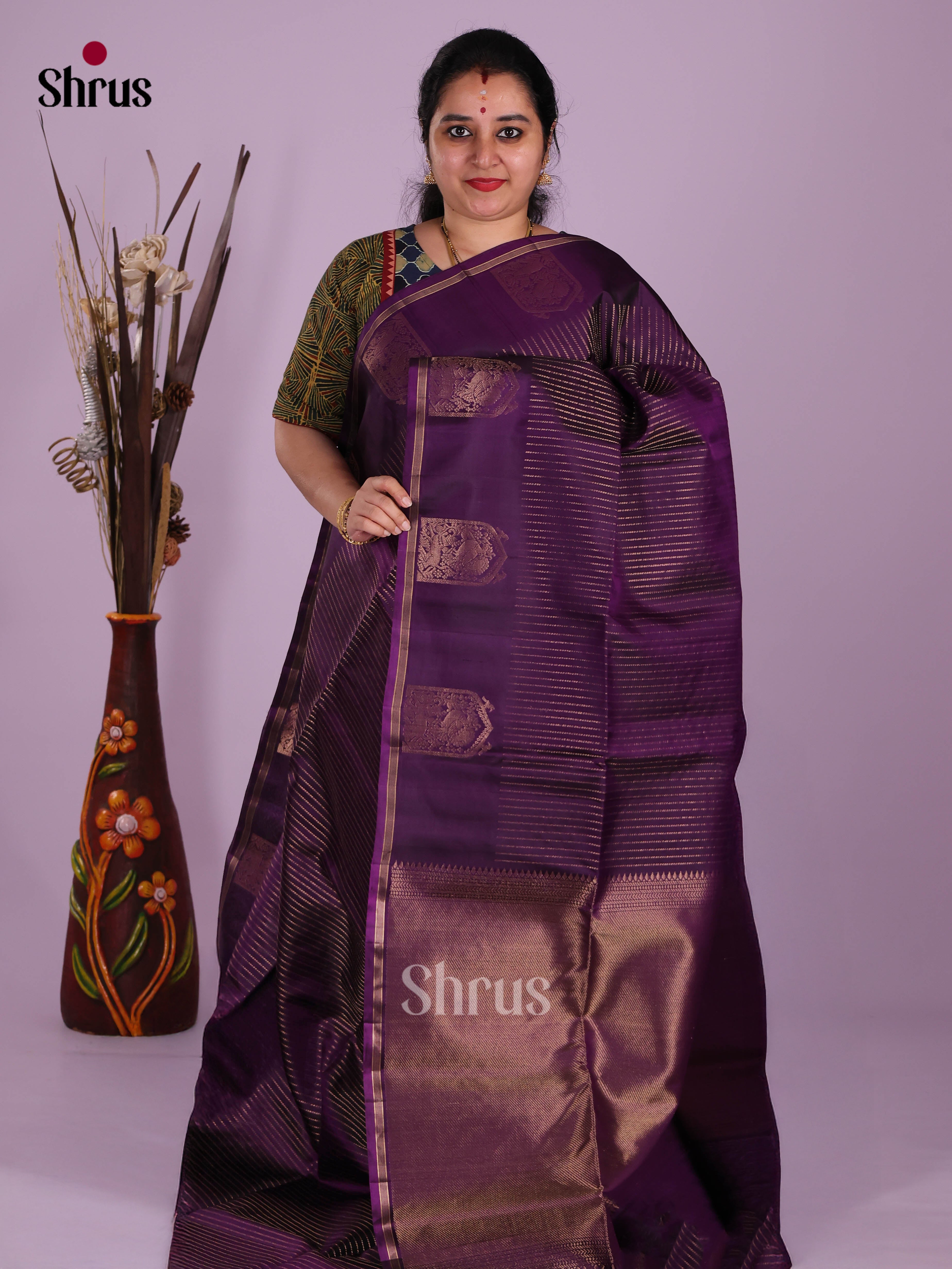 Charming Violet Soft Silk  Saree with zari stripes , zari brocade pallu