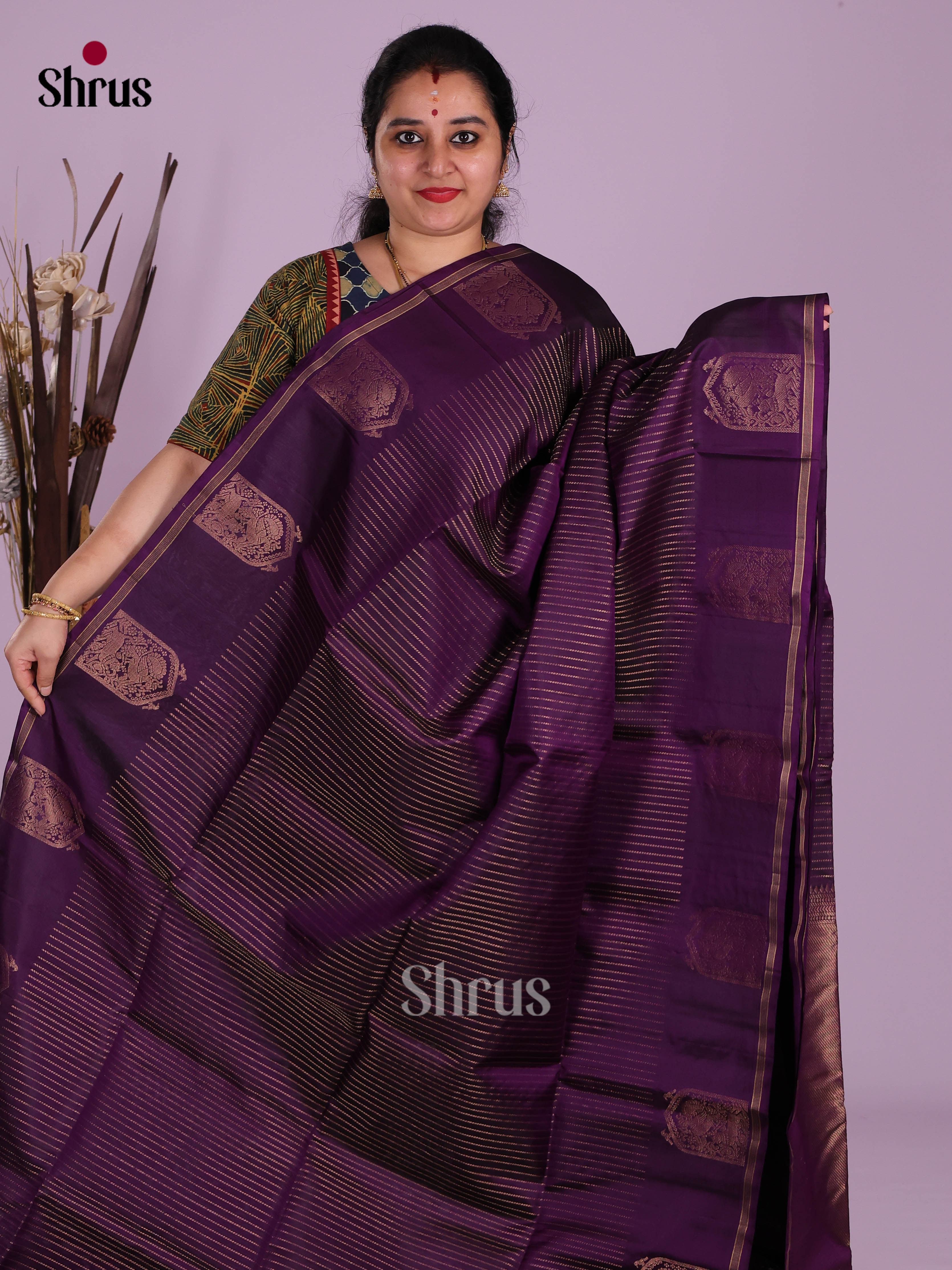 Charming Violet Soft Silk  Saree with zari stripes , zari brocade pallu