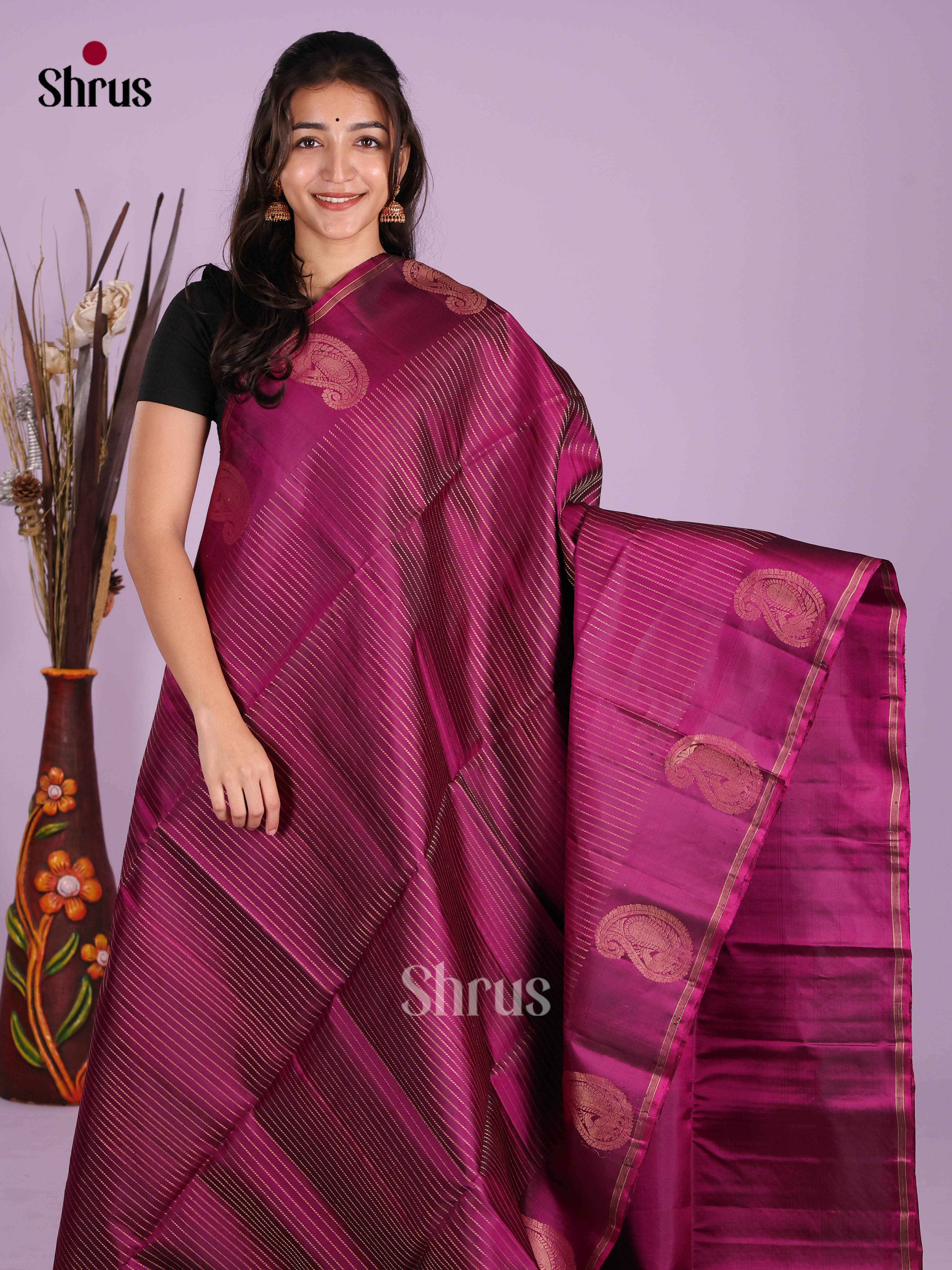 Graceful Wine Soft Silk Saree with Zari Stripes & Paisleys Motifs Border